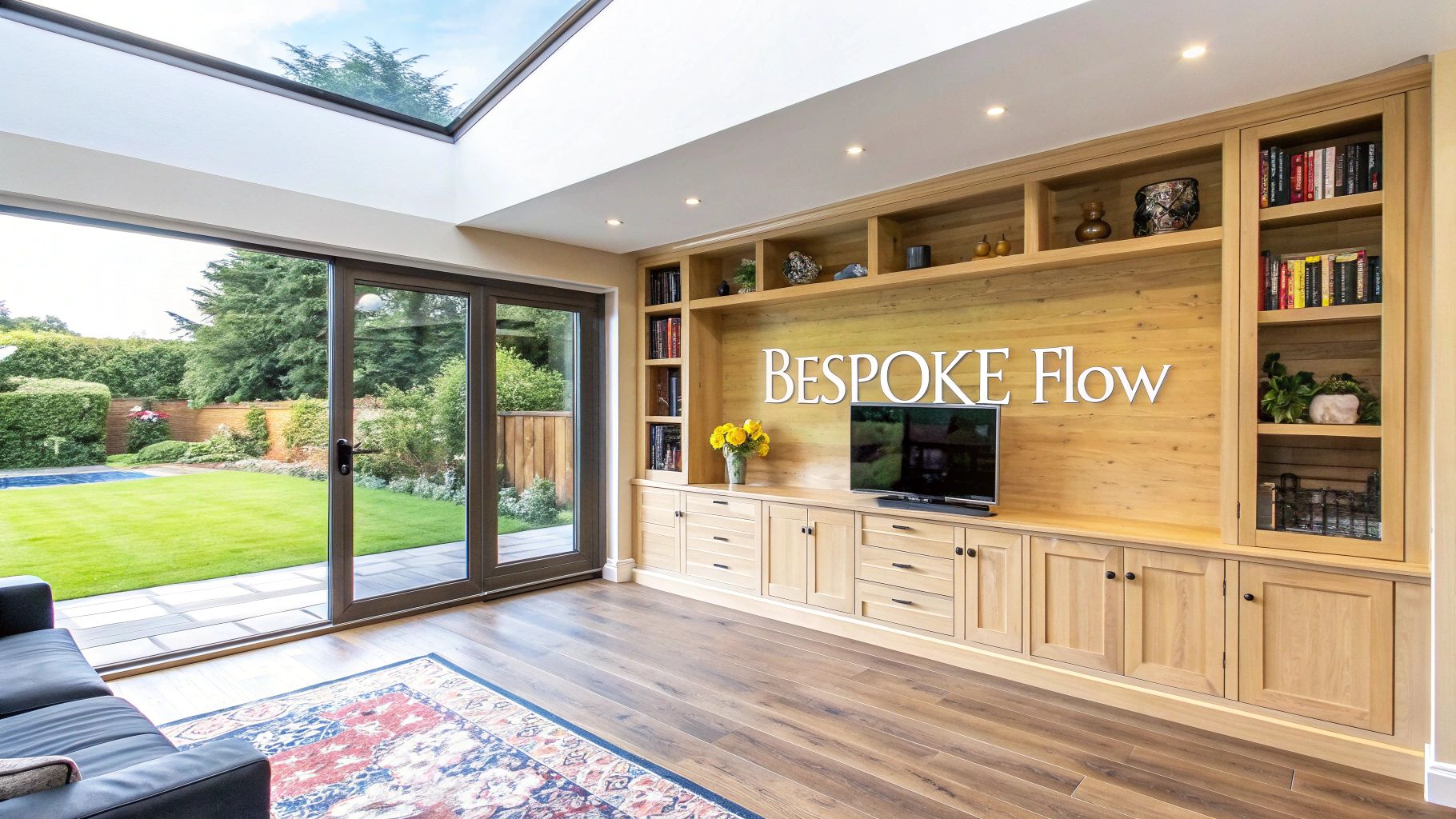 A bright, modern living room with a bespoke wooden media unit, large skylight, and garden view.