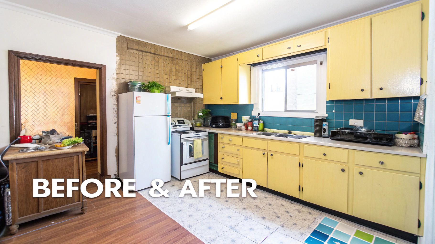 A vibrant kitchen featuring yellow cabinets, blue subway tiles, a white refrigerator, and mixed flooring.