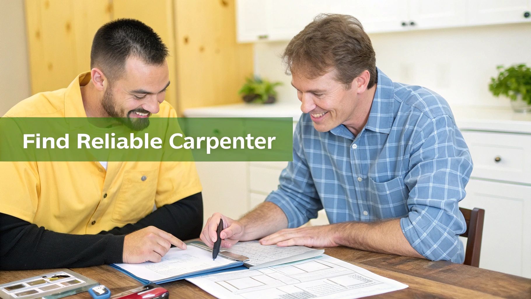 Two men, a carpenter and a homeowner, review custom cabinet designs and plans at a kitchen table.