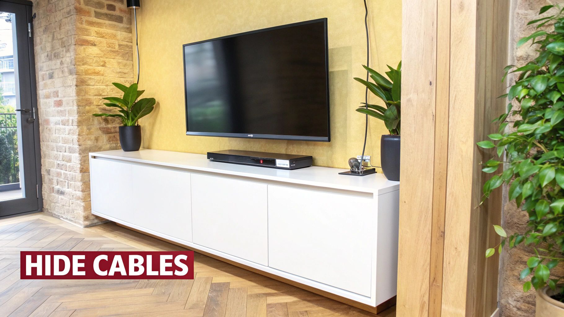 A minimalist TV feature wall with concealed storage and perfectly managed cables.