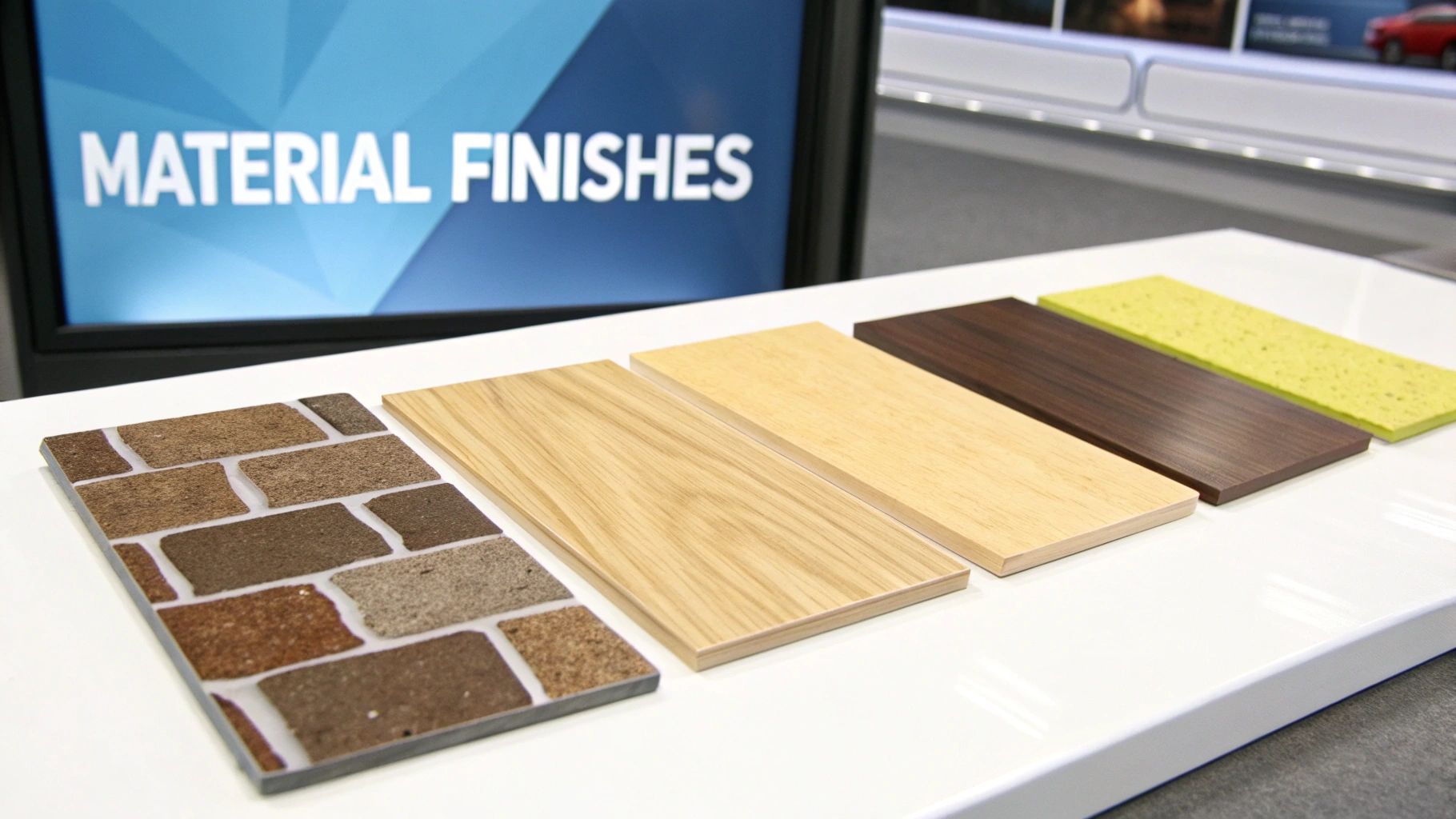 Various material finish samples including brick, wood tones, and textured green on a white display, with "MATERIAL FINISHES" on screen.