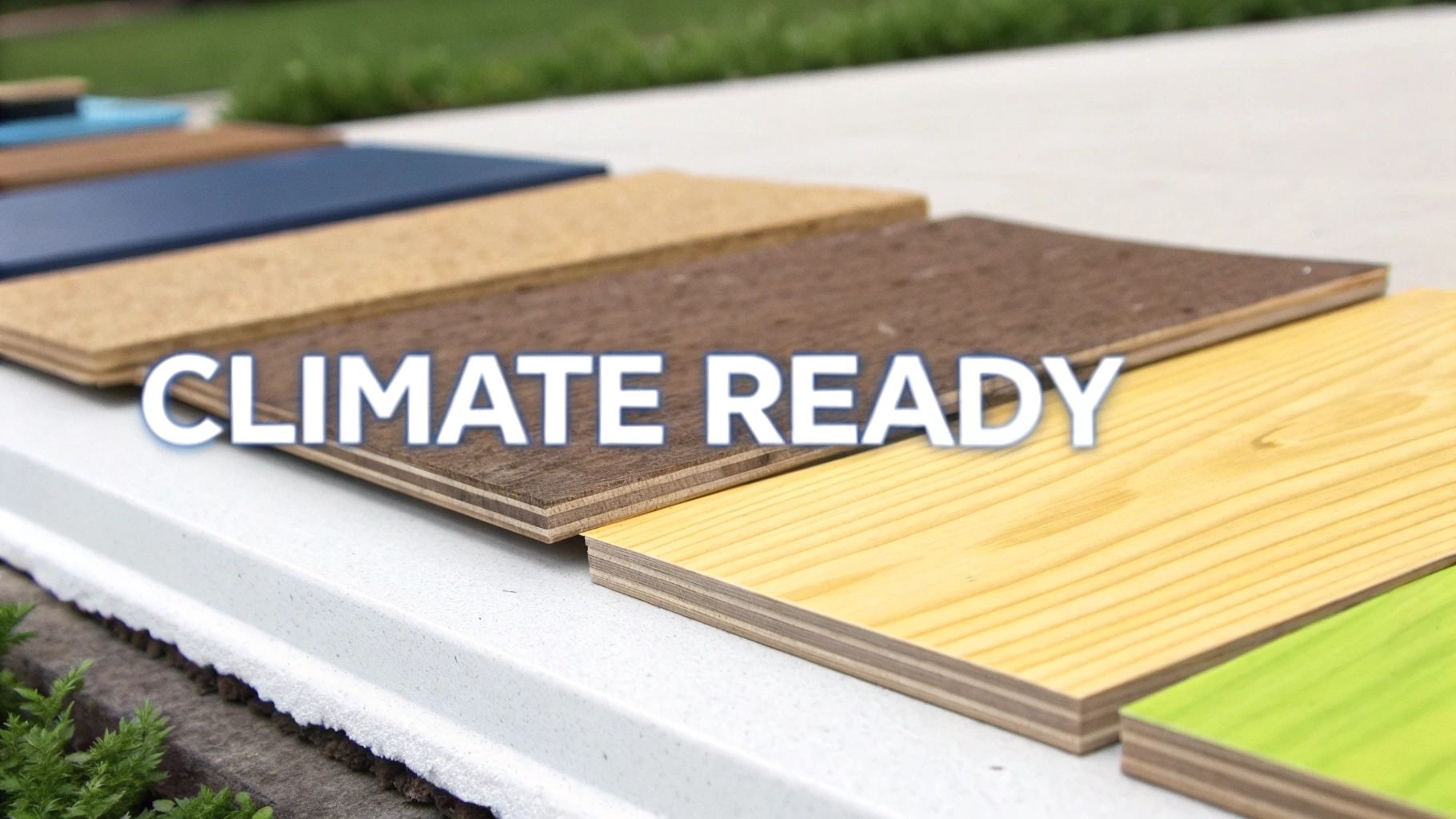 Close-up of various climate-ready engineered wood samples in different colors and finishes.