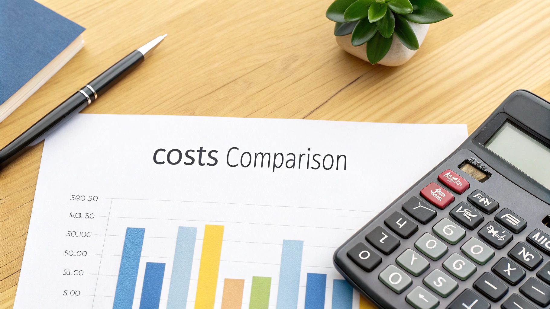 Costs comparison bar chart with calculator and pen on wooden desk for budget planning