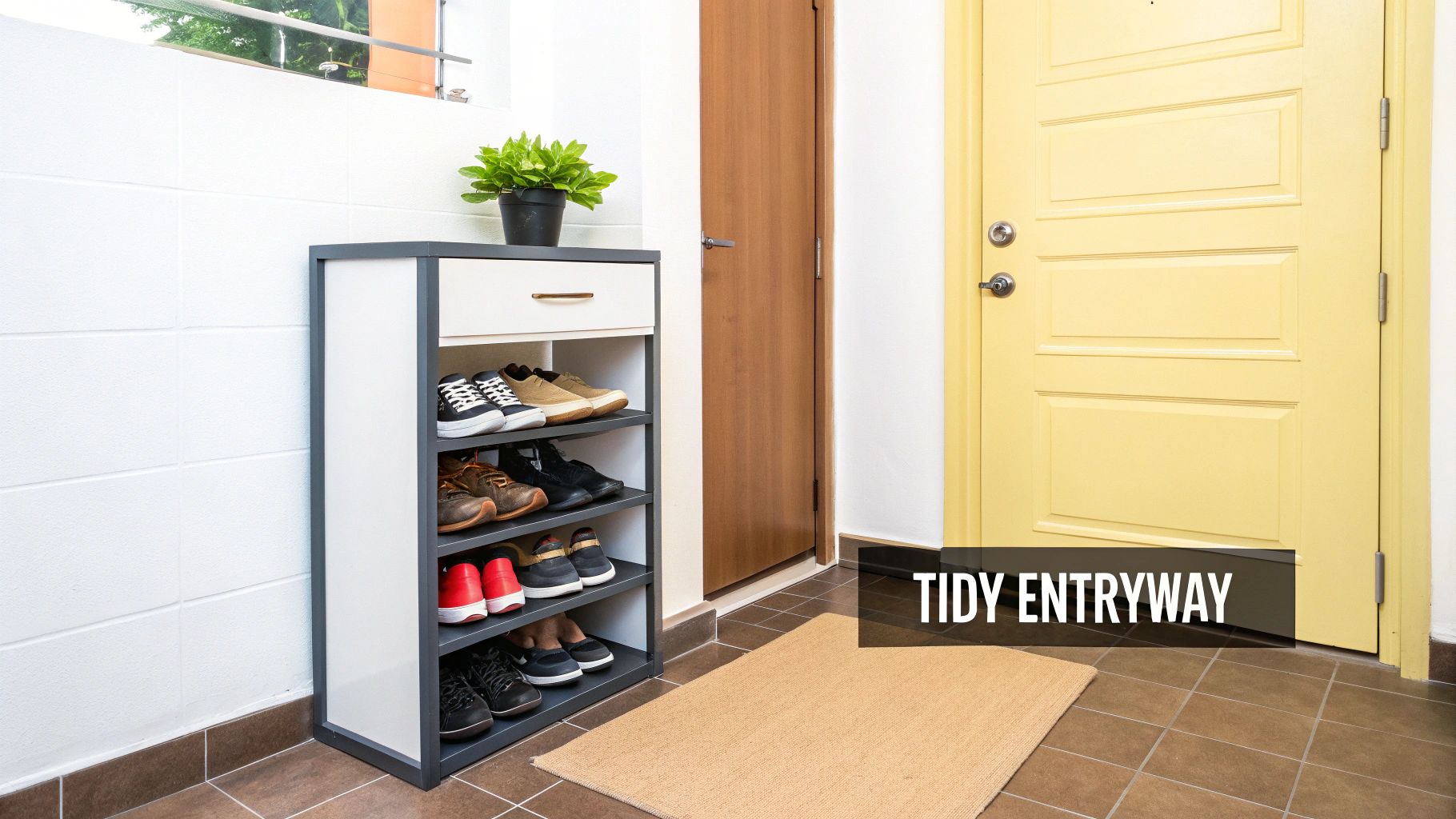A tidy entryway with a white and gray shoe cabinet, a potted plant, and a yellow door.
