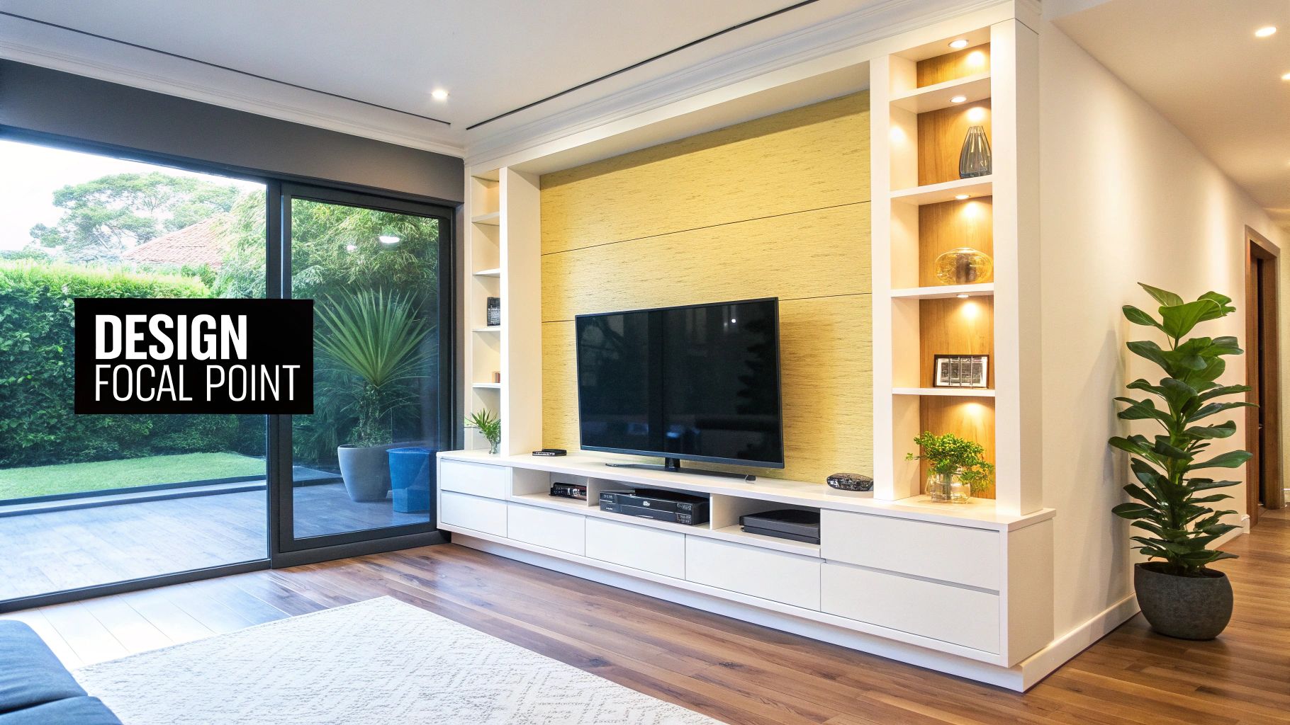 Modern living room with a stylish yellow feature wall, built-in TV console, illuminated shelves, and garden view.