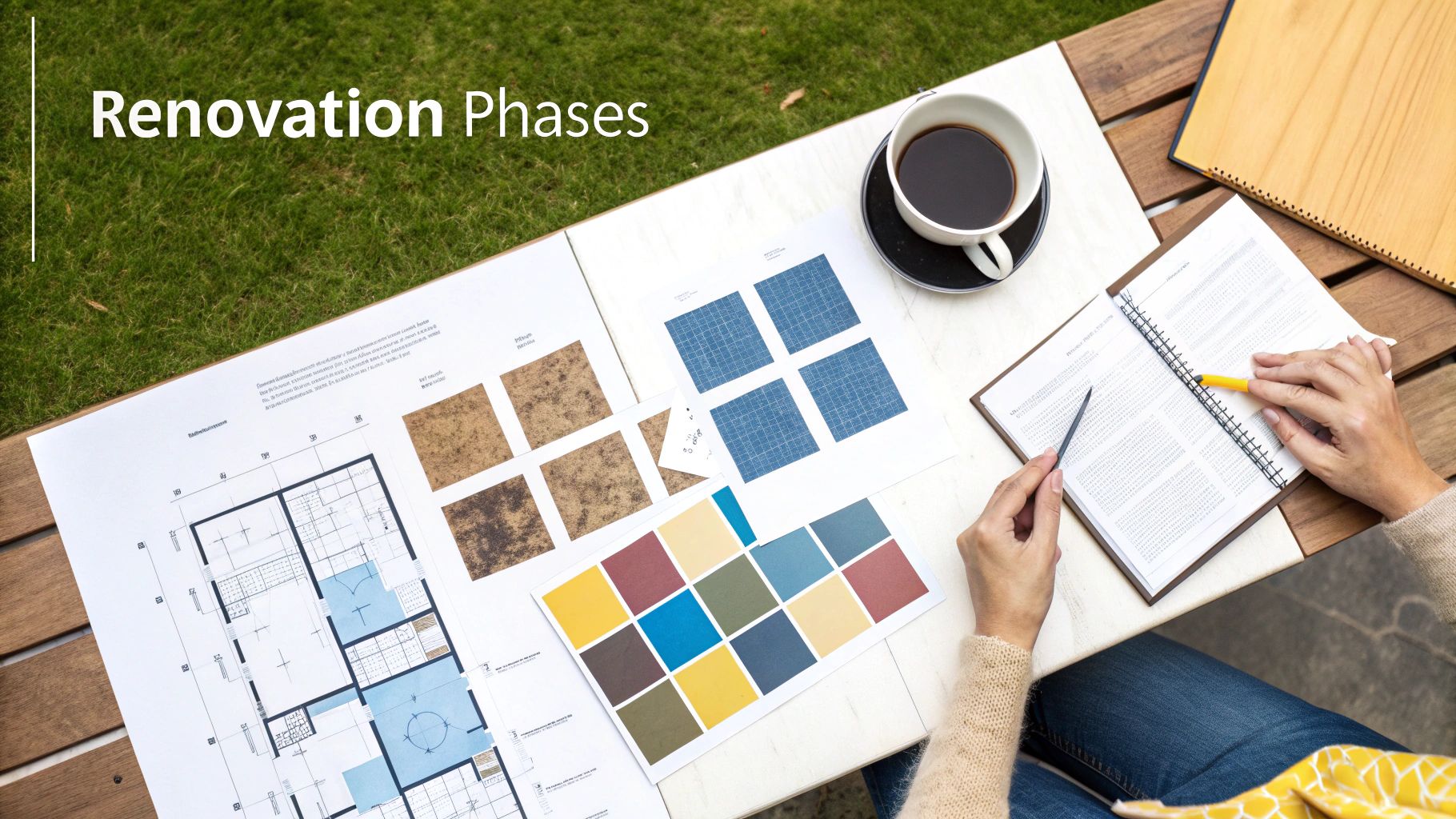 Overhead shot of a person planning renovation, with blueprints, color swatches, and coffee on a table.