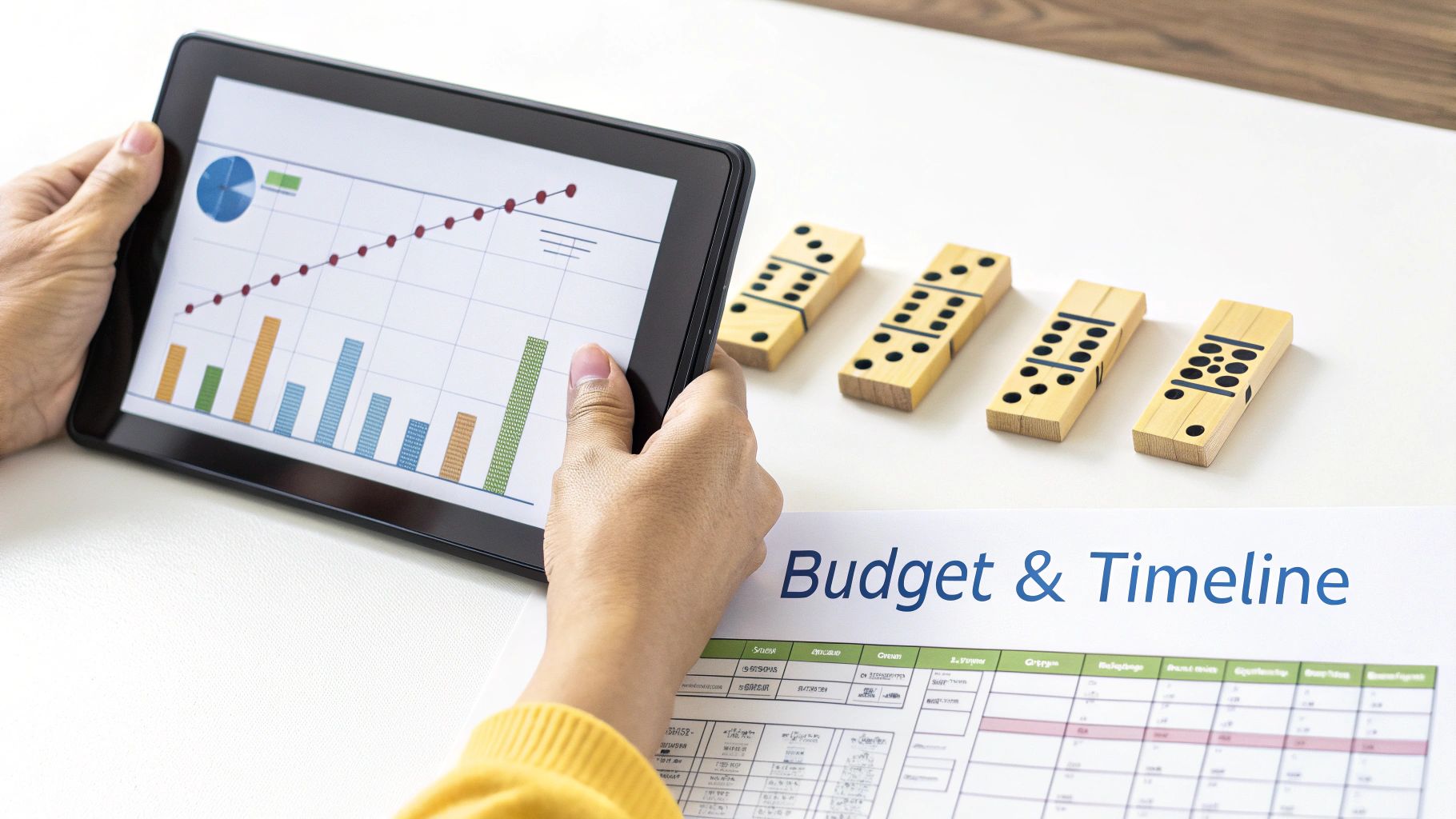 A person's hands hold a tablet displaying financial charts, next to a 'Budget & Timeline' document and dominoes.