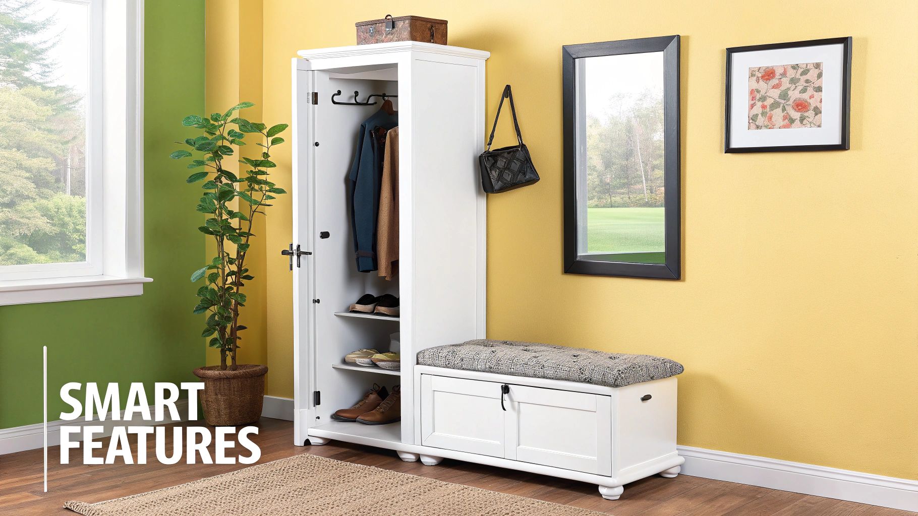 White entryway cabinet with open door, shoe shelves, hanging clothes, and a storage bench.