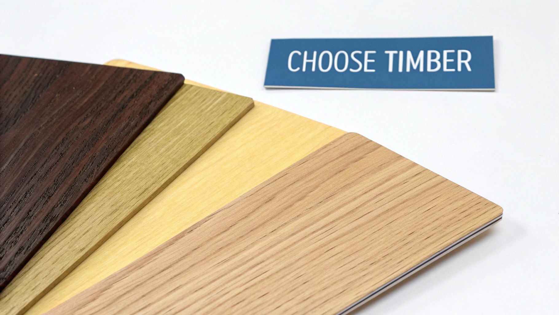 A fan of various wood timber samples ranging from dark brown to light, with a 'CHOOSE TIMBER' sign.