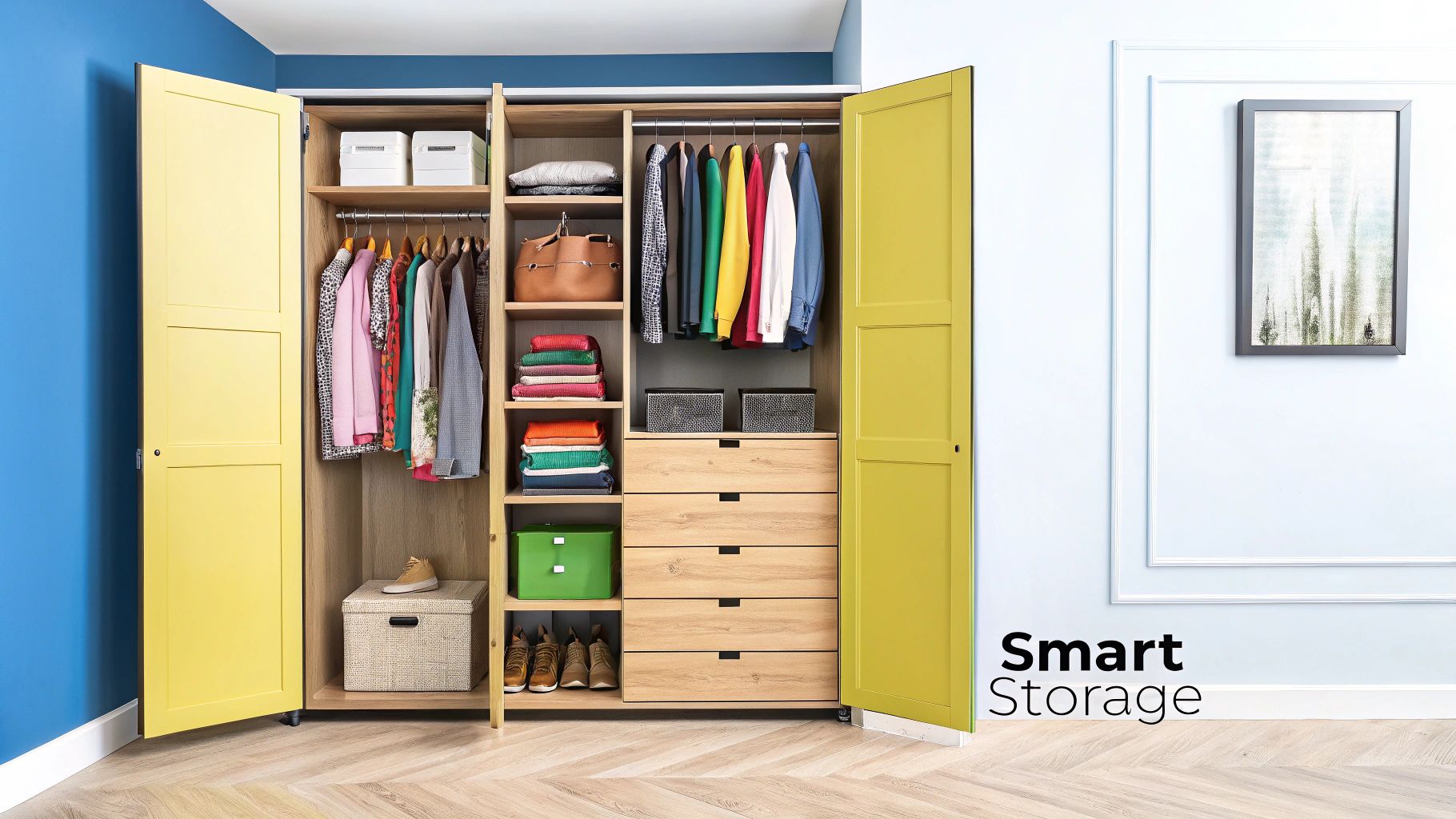 A spacious open built-in closet with bright yellow doors, showcasing organized clothes, shoes, and storage boxes.