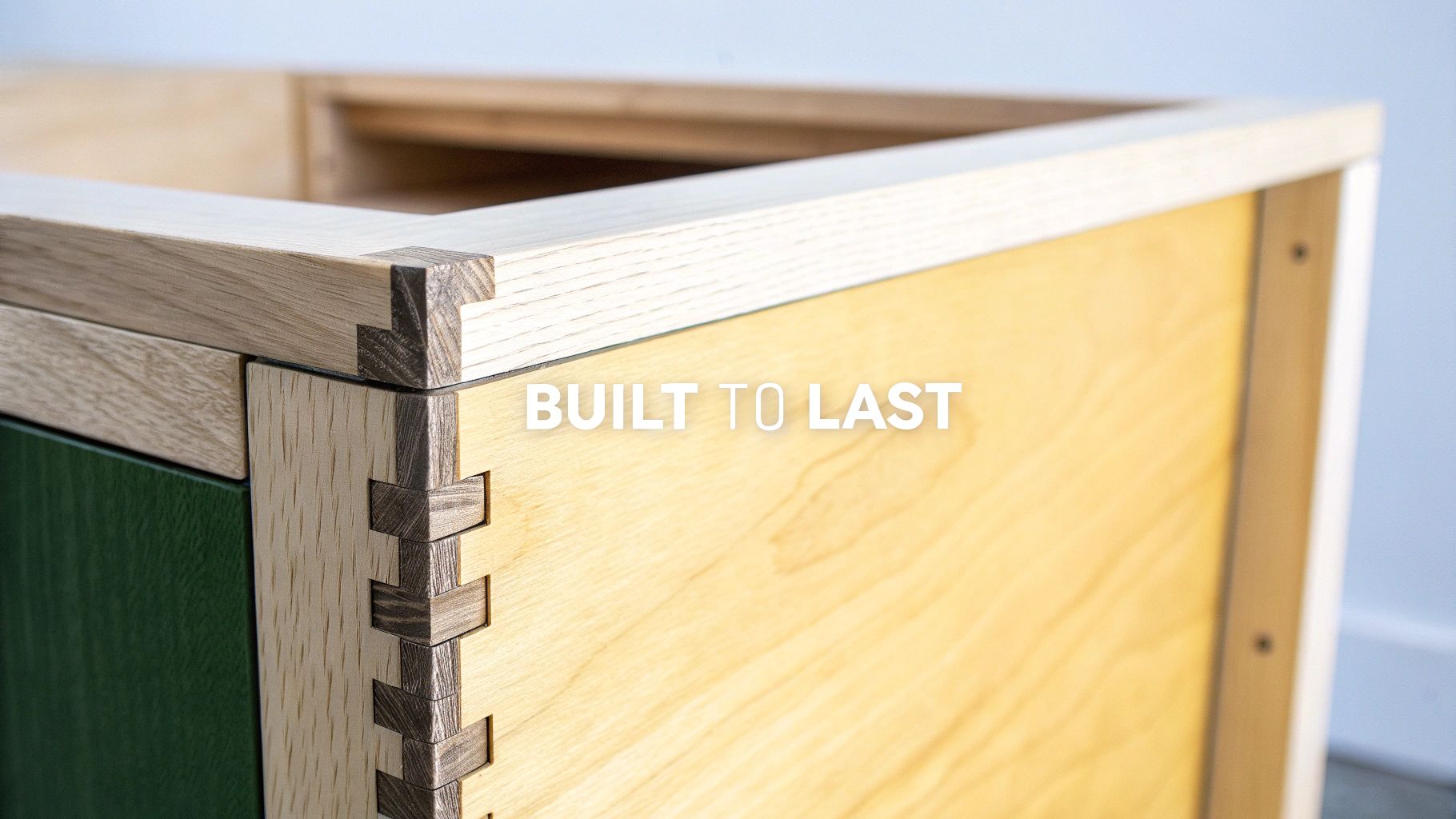 Close-up of a well-crafted wooden cabinet showcasing intricate dovetail and finger joints, highlighting quality.