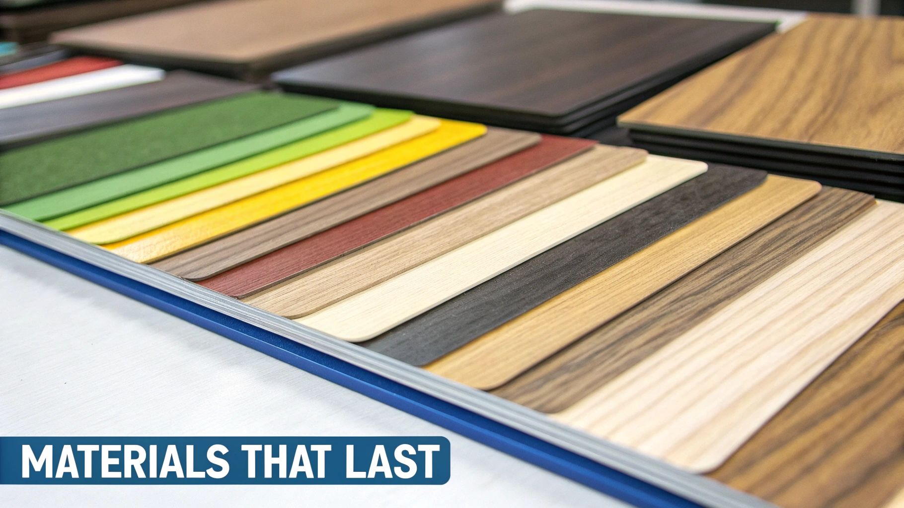A comprehensive display of various material samples, including wood grain laminates and solid color options, for remodeling projects.