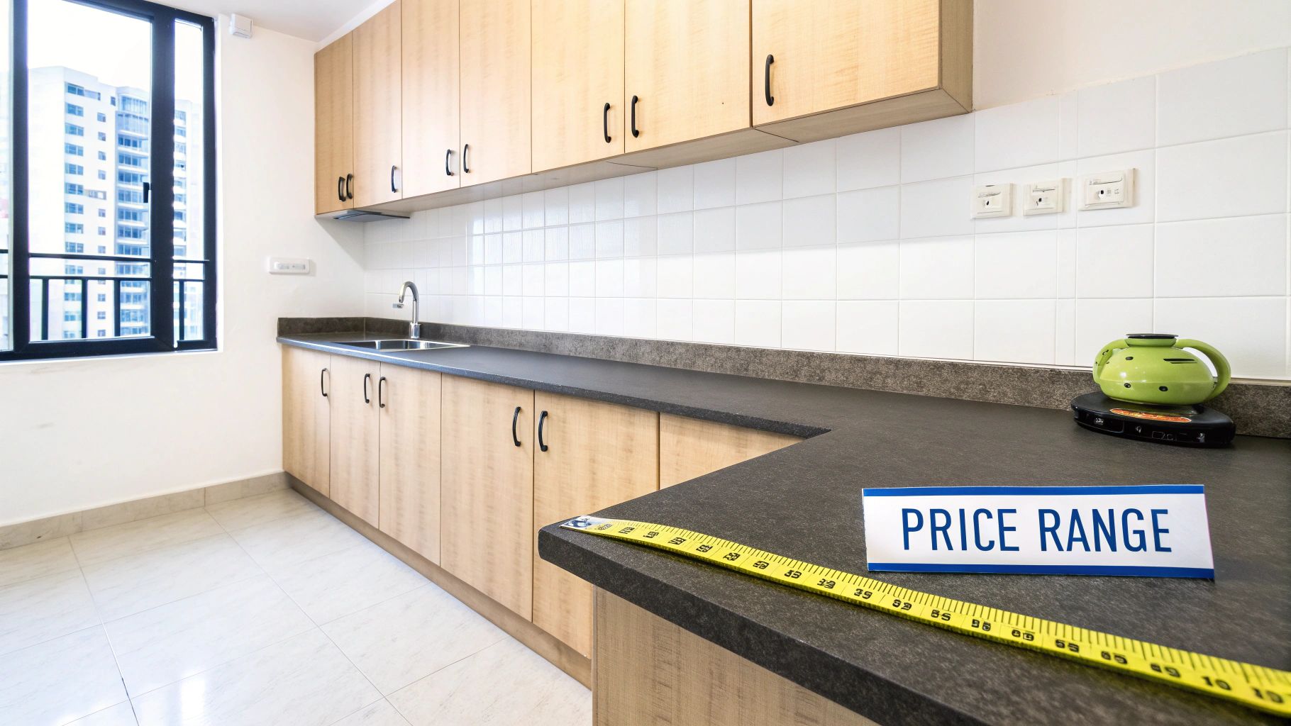 A modern kitchen featuring light wood cabinets, dark countertops, a sink, a measuring tape, and a 'PRICE RANGE' sign.