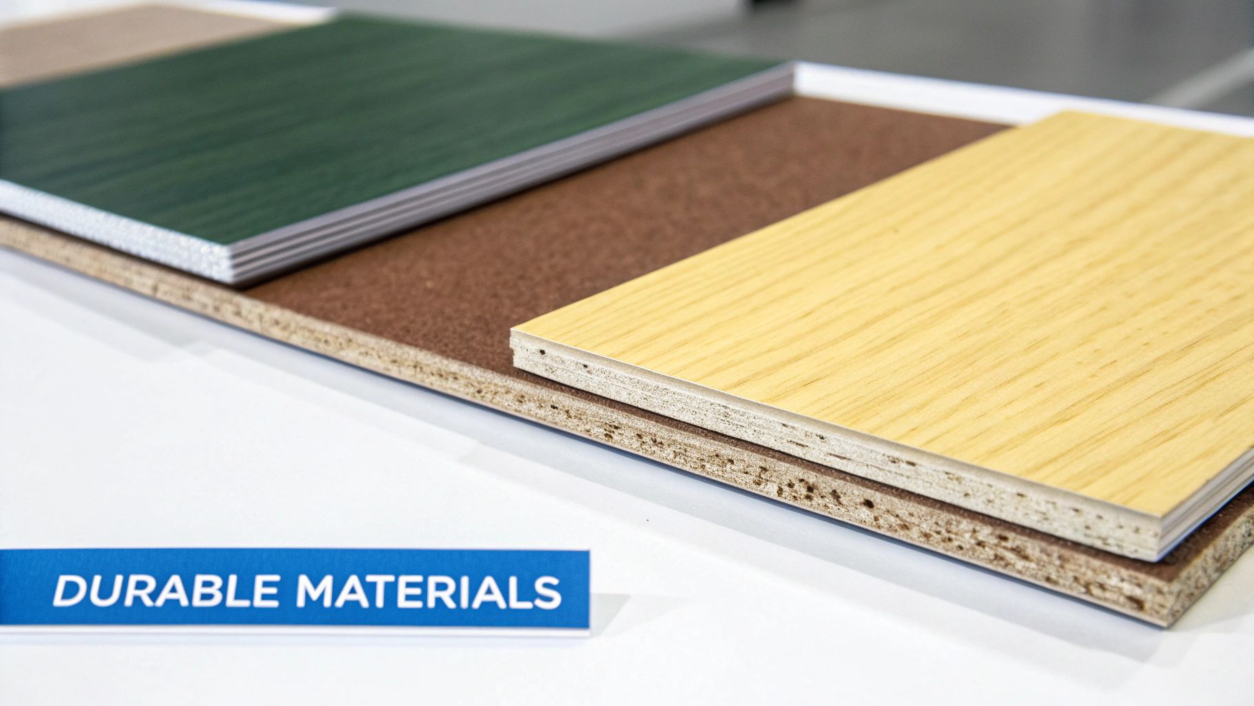 Stacked boards showcasing different durable materials like green, brown, and light wood grain composites.
