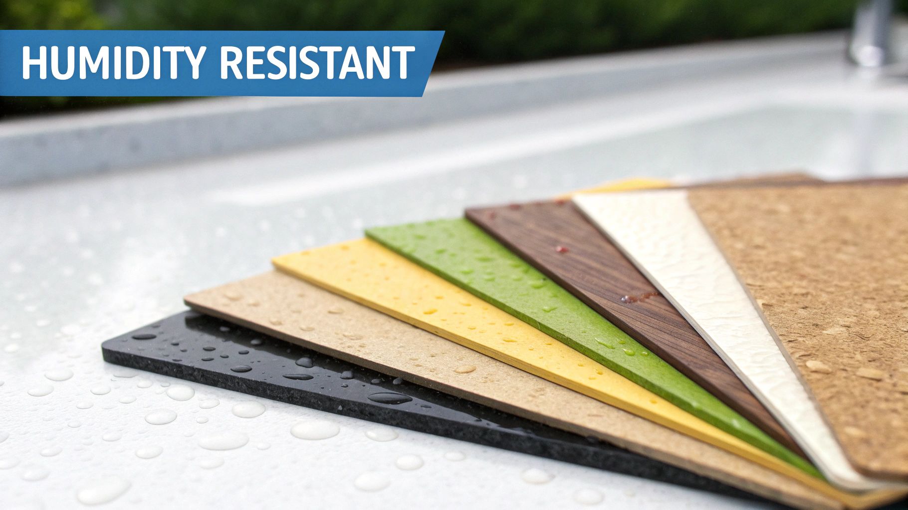 Multiple humidity resistant material samples in various colors and textures fanned out on a wet surface.