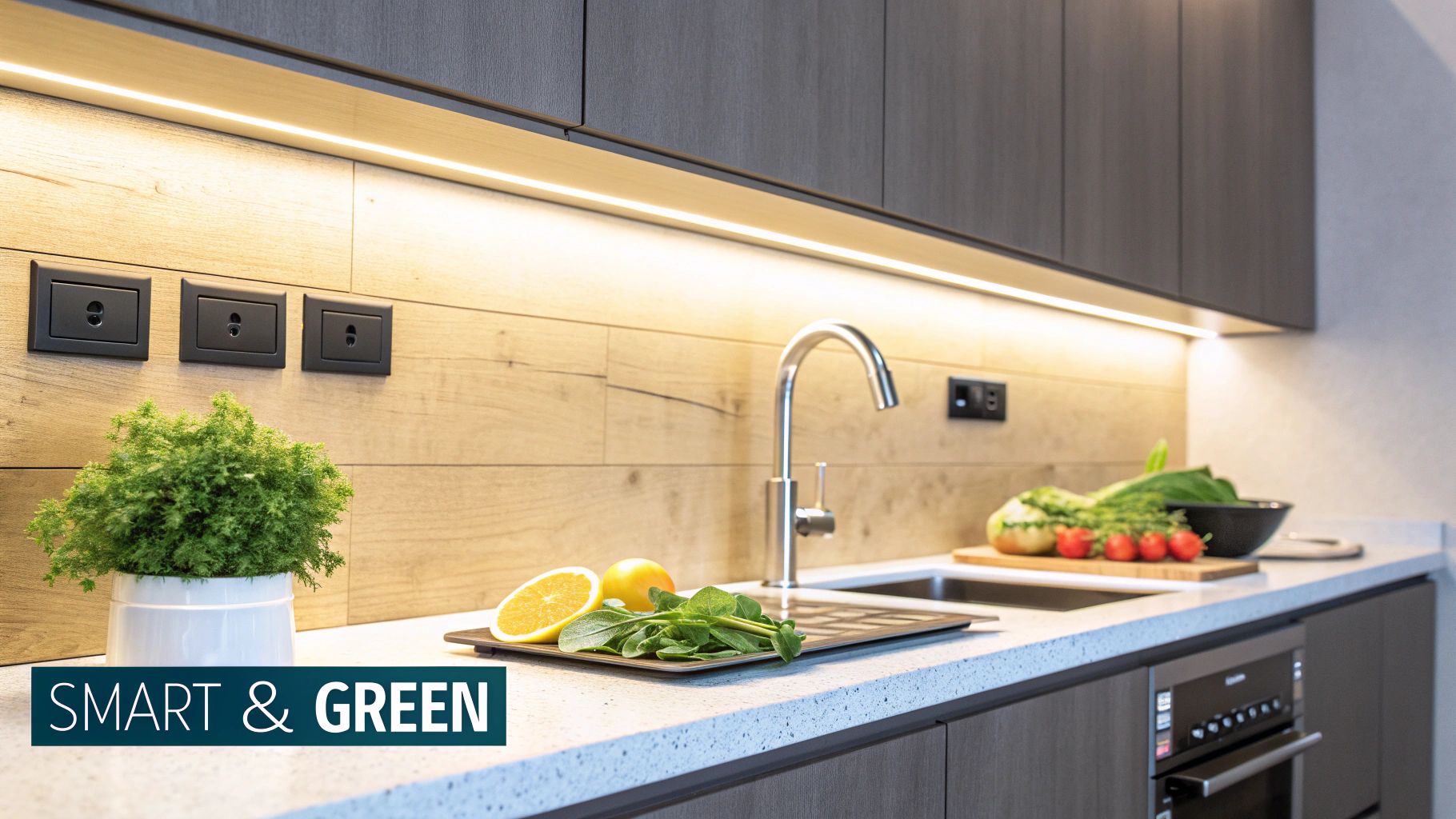 A modern kitchen with under-cabinet LED lighting and sleek, energy-efficient appliances.