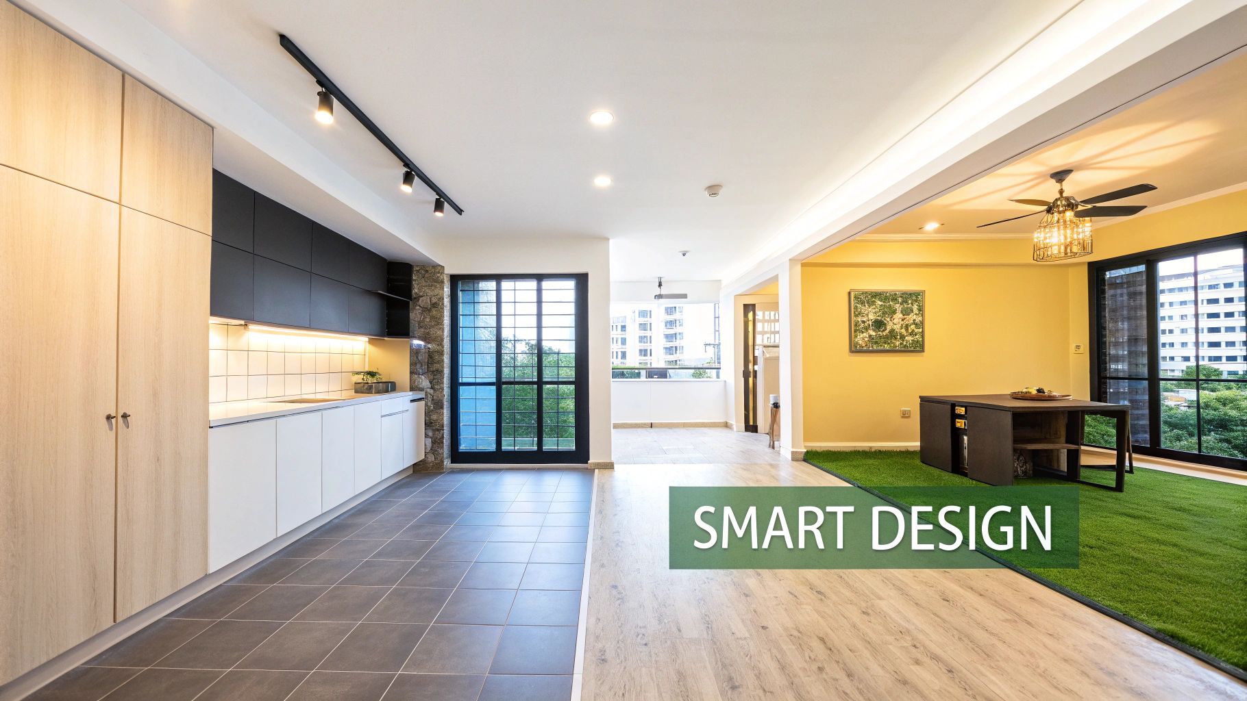 Stylish open-plan HDB apartment featuring a modern kitchen, dining area with artificial grass, and balcony.