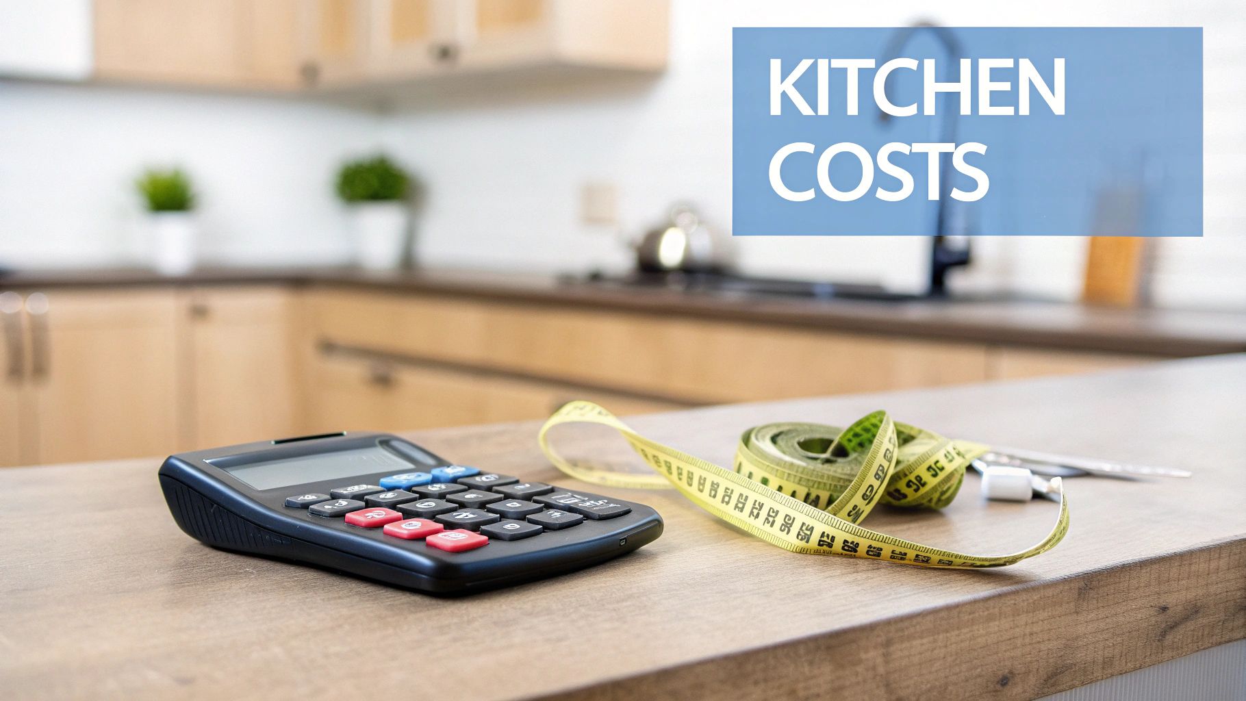 Calculator and measuring tape on a kitchen counter, with 'KITCH-EN COSTS' text overlay.