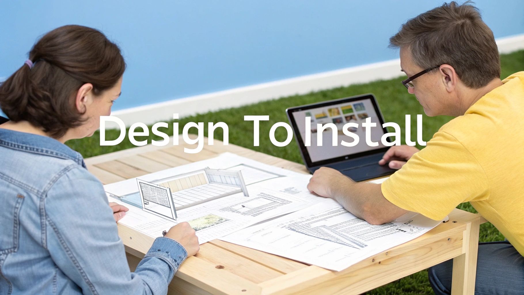 Two people, a man and a woman, collaborate outdoors on bed frame design and installation plans.