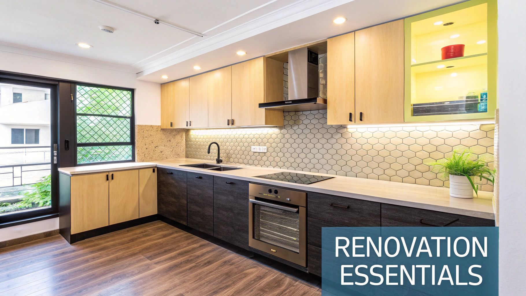 A modern kitchen with sleek white cabinets and wooden accents, showcasing a finished renovation project.