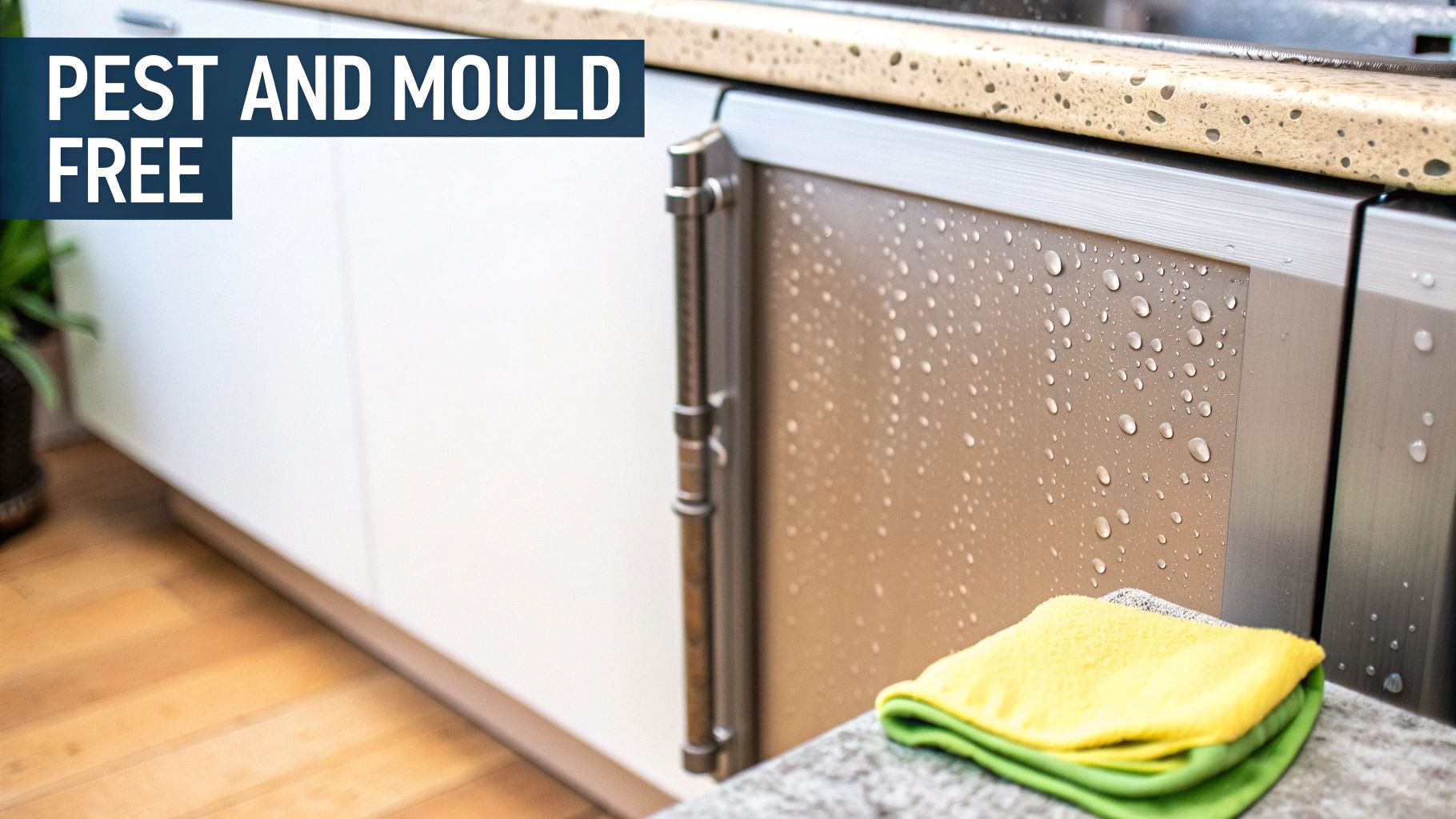 A close-up shot of an aluminium kitchen cabinet door, highlighting its smooth, waterproof surface and modern hardware.