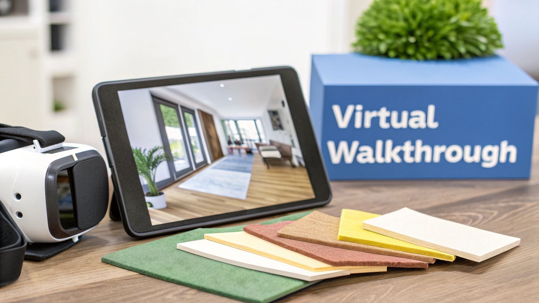 A tablet displays a virtual home walkthrough next to a VR headset and material samples.