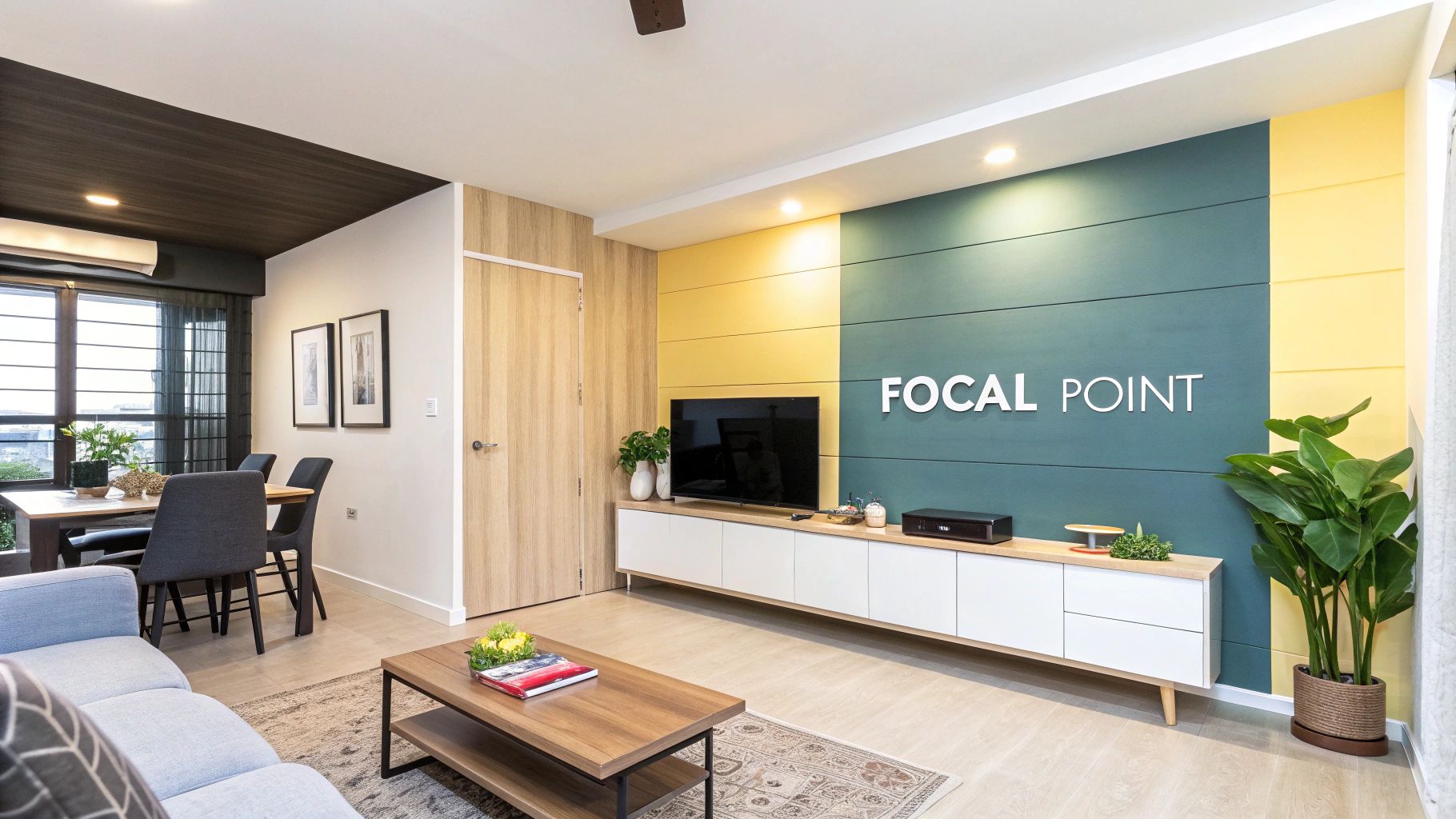 Modern living room featuring a yellow and teal 'FOCAL POINT' feature wall, TV console, and sofa.