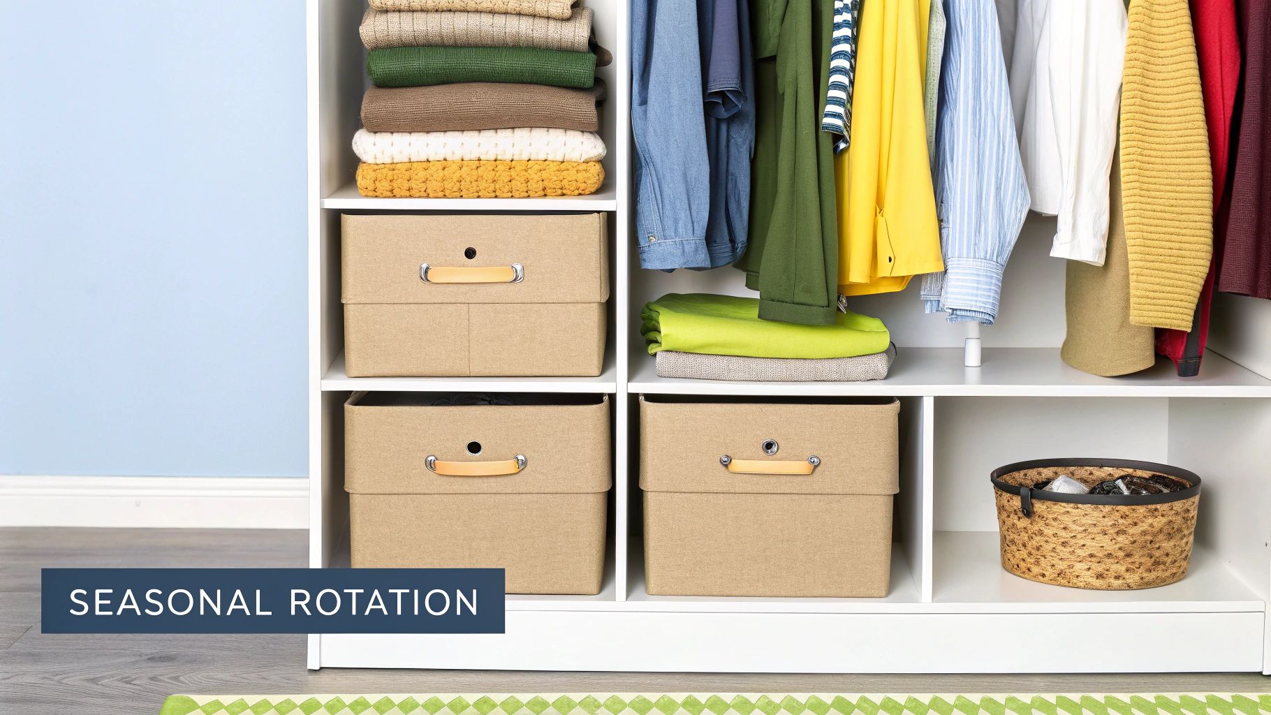 An organized white built-in closet featuring folded clothes, hanging garments, and fabric storage boxes.