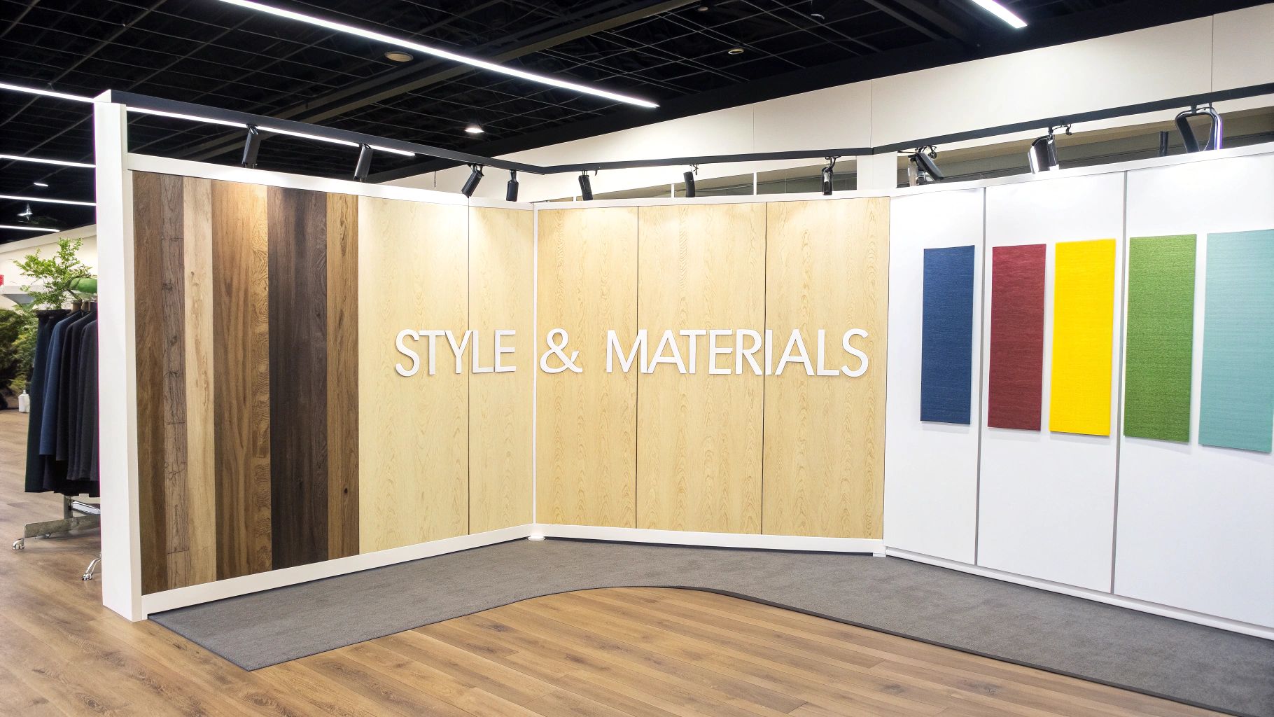 Modern flooring and wall material showroom display featuring wood samples and colorful textile panels