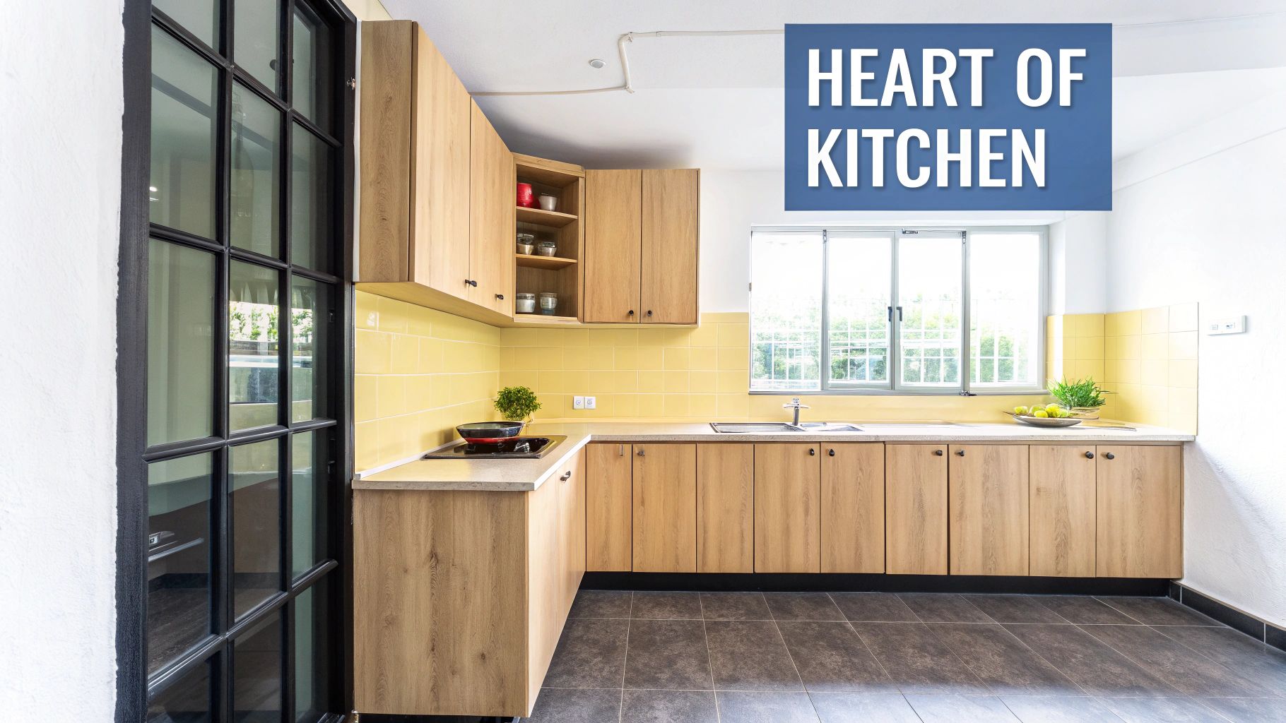 A bright modern kitchen featuring light wood cabinets, yellow subway tiles, and a large window.
