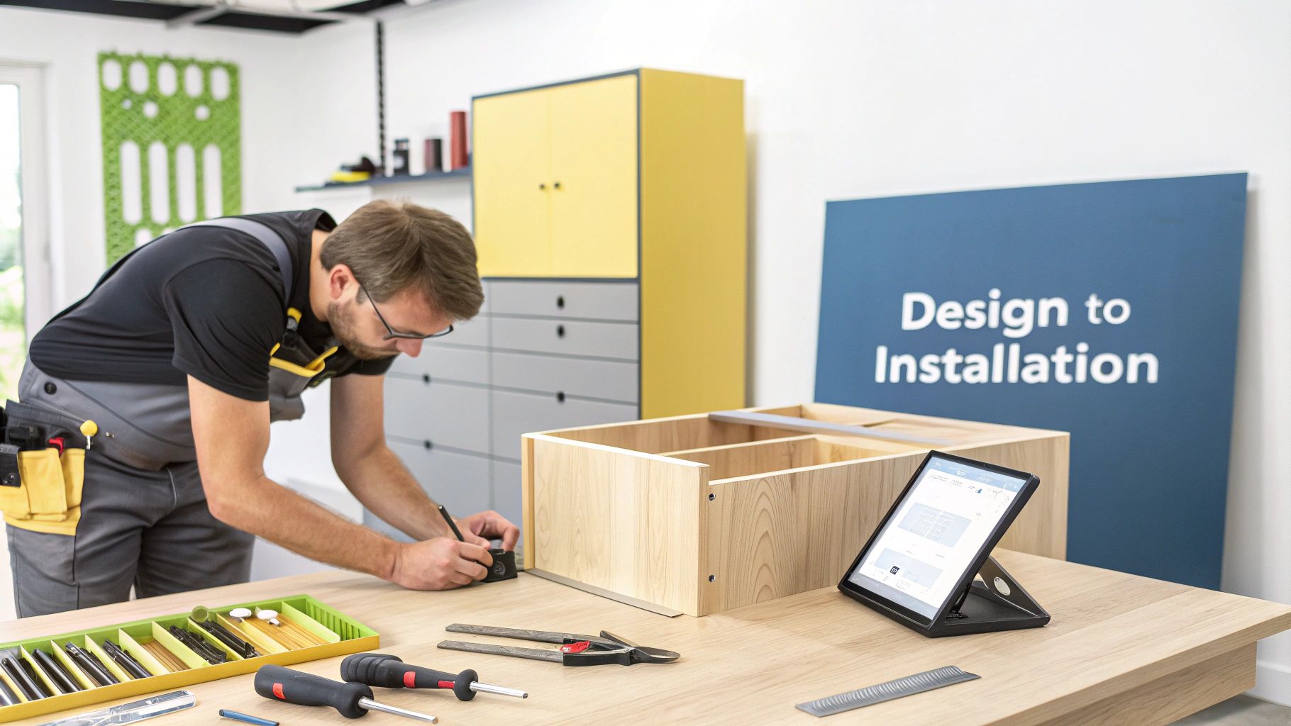 A man wearing work clothes assembling a wooden cabinet on a workbench, with tools and a tablet.