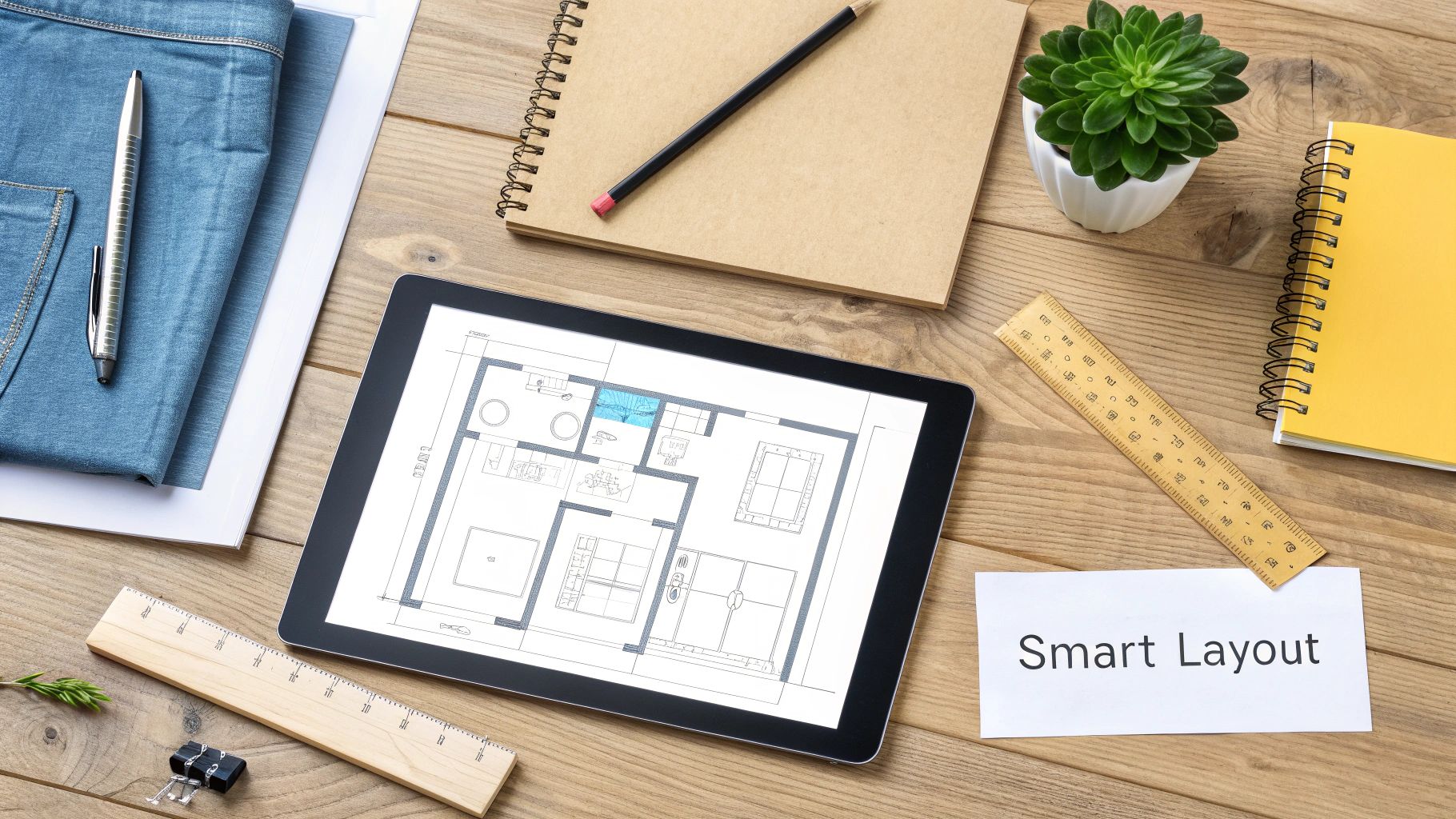 A top-down view of a designer's wooden desk with a tablet showing a floor plan, notebooks, and design tools.