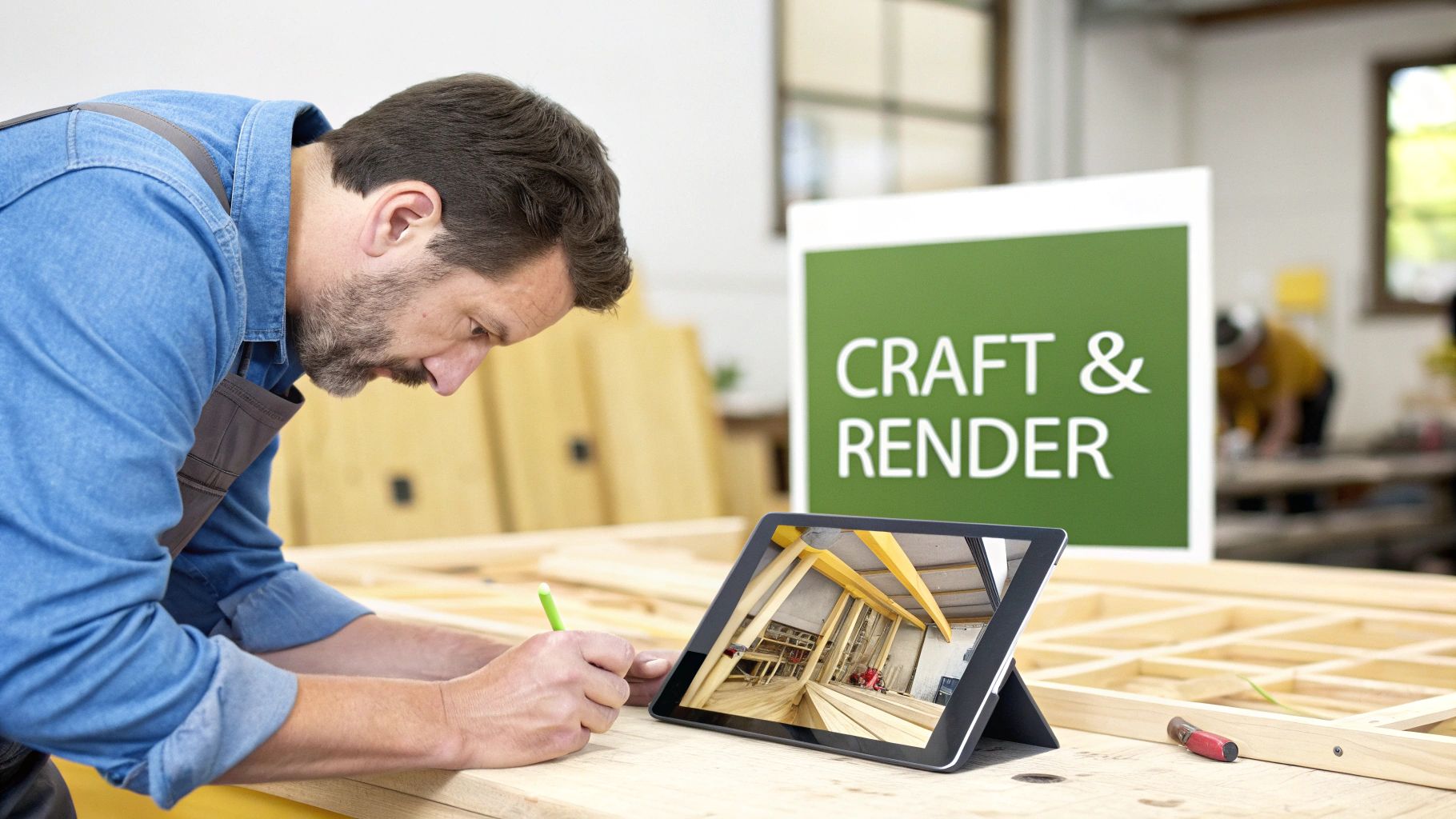 A craftsman works on a wooden frame, referencing digital plans on a tablet displaying interior construction.