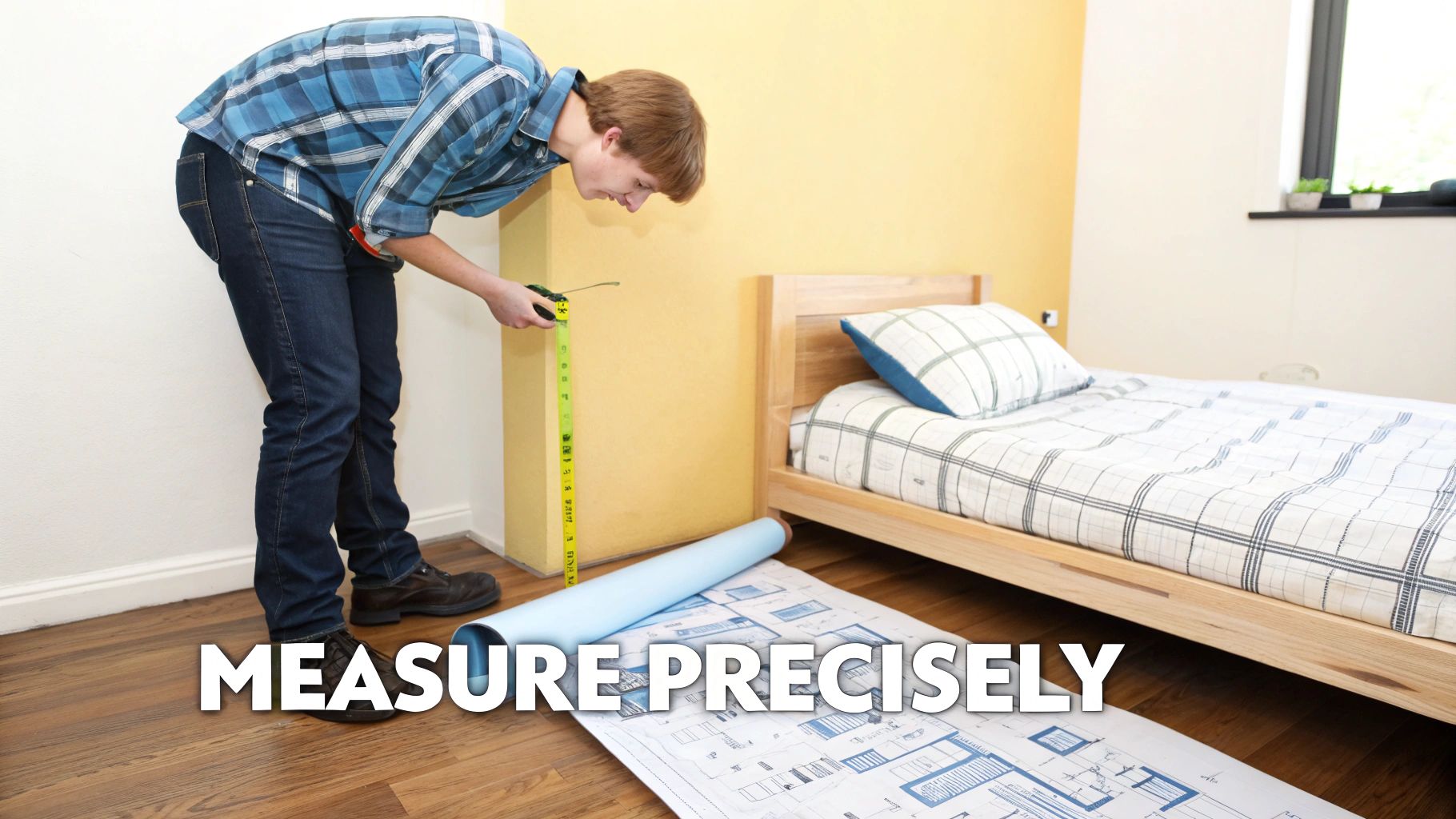 A young man precisely measures a yellow wall in a room with architectural plans on the floor.