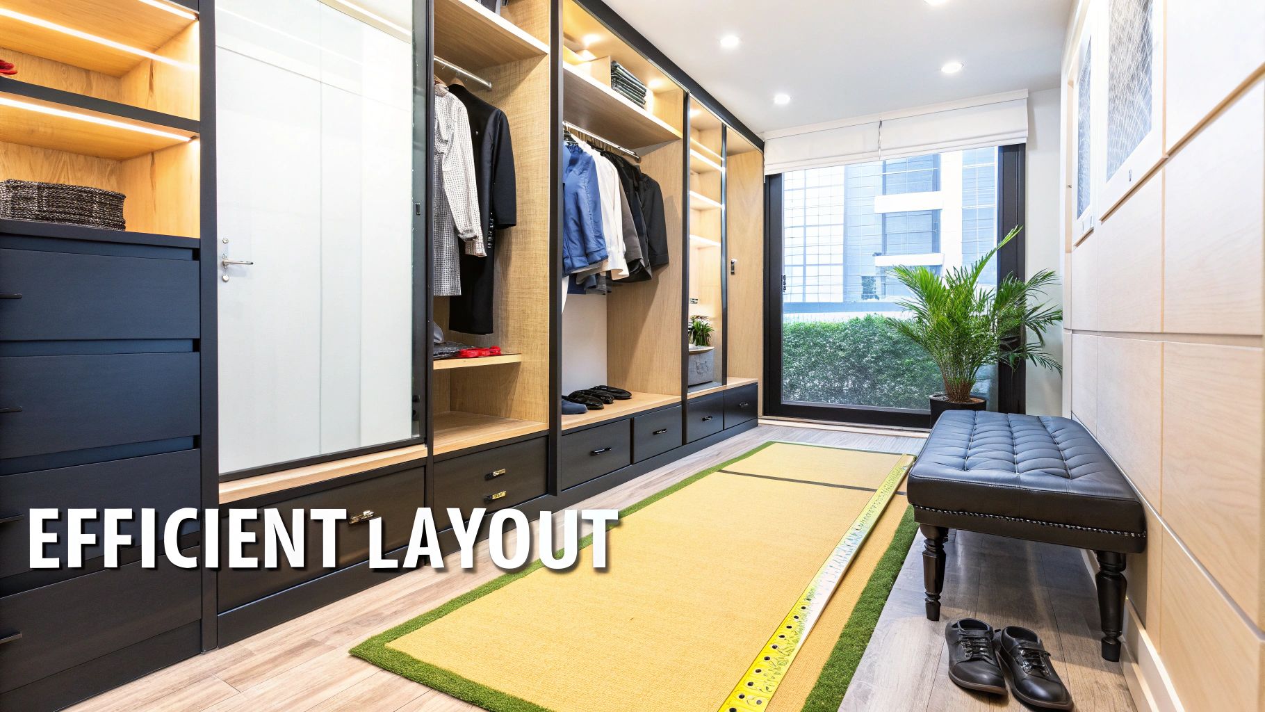A modern walk-in wardrobe with an efficient layout, featuring open shelves, drawers, and a window view.