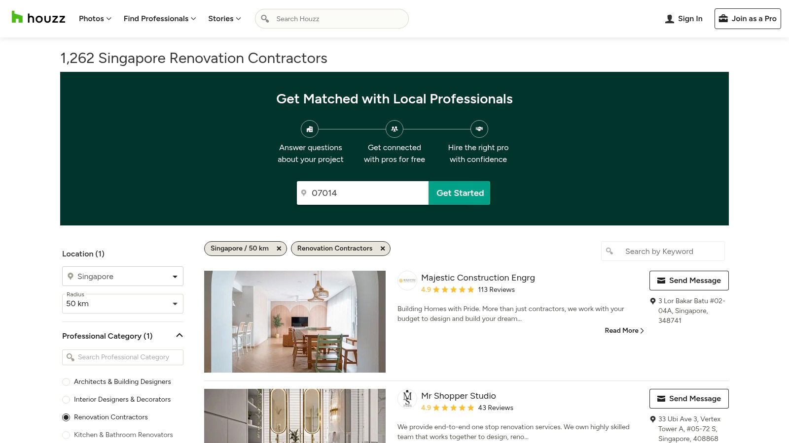 Houzz Singapore – Renovation Contractors Category