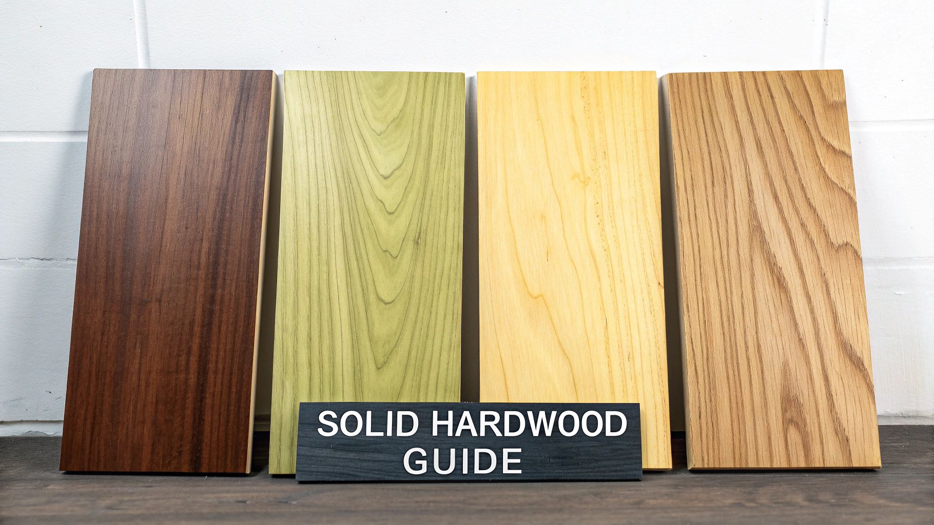 A 'Solid Hardwood Guide' sign displays four planks of different wood types, showing varied colors and grains.