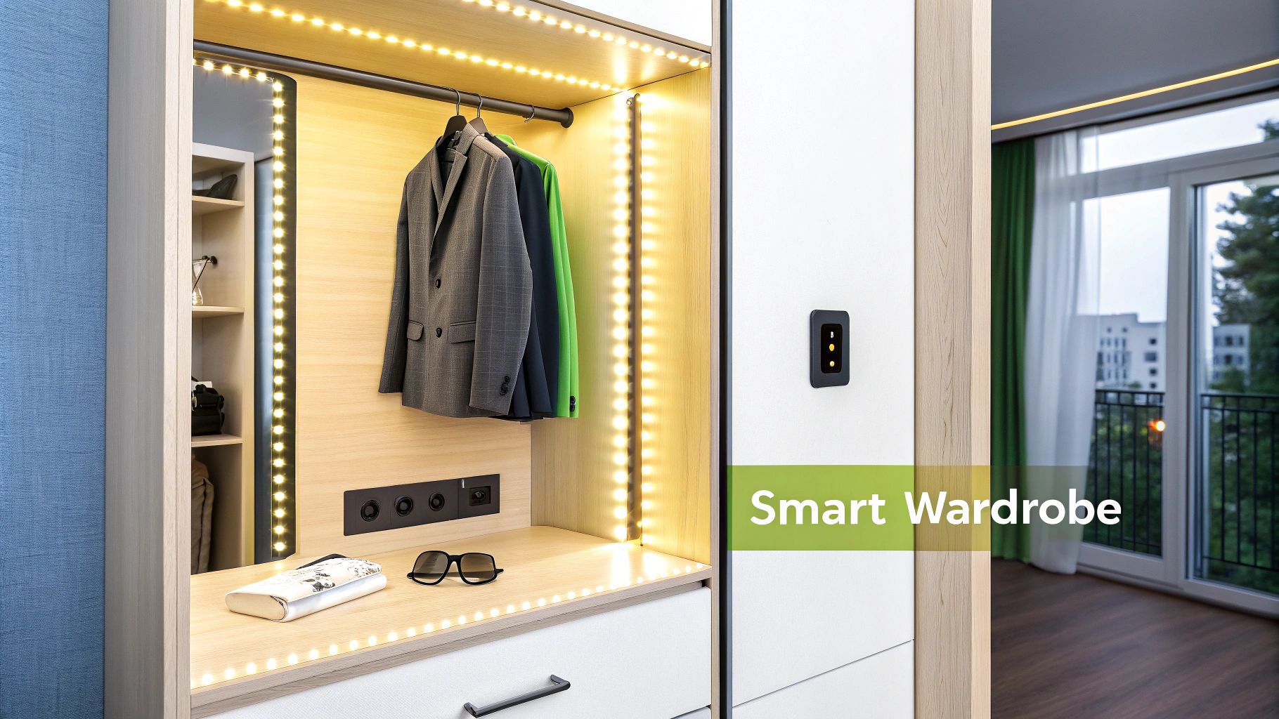 An open smart wardrobe interior with LED lighting, clothes, mirror, and a wall-mounted control panel.