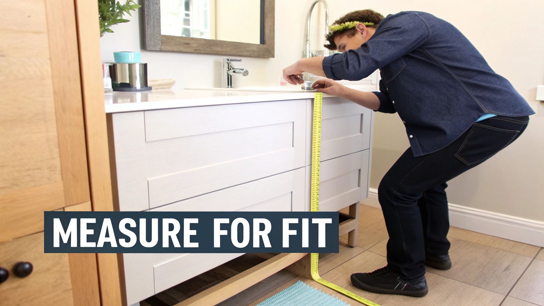 A person wearing a denim shirt measures a white bathroom vanity with a yellow tape measure.
