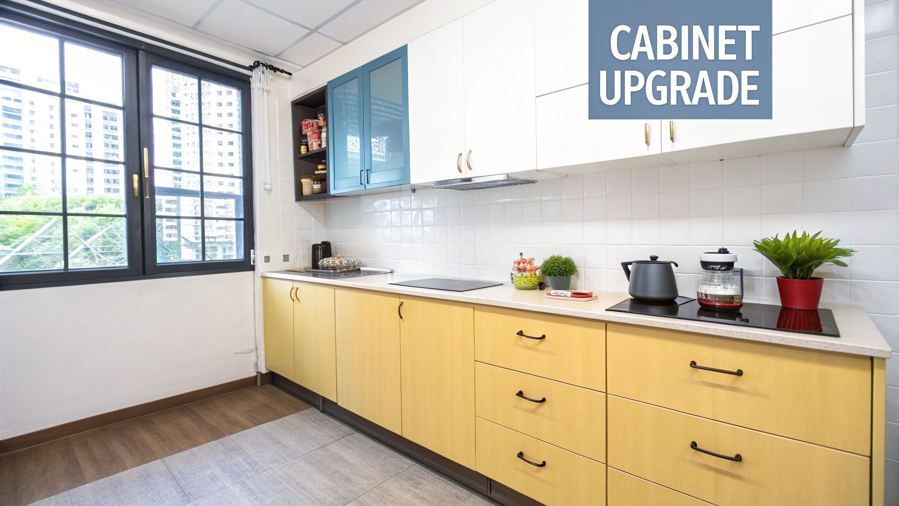A modern kitchen with light wood base cabinets, white and blue upper cabinets, and a window overlooking a city.