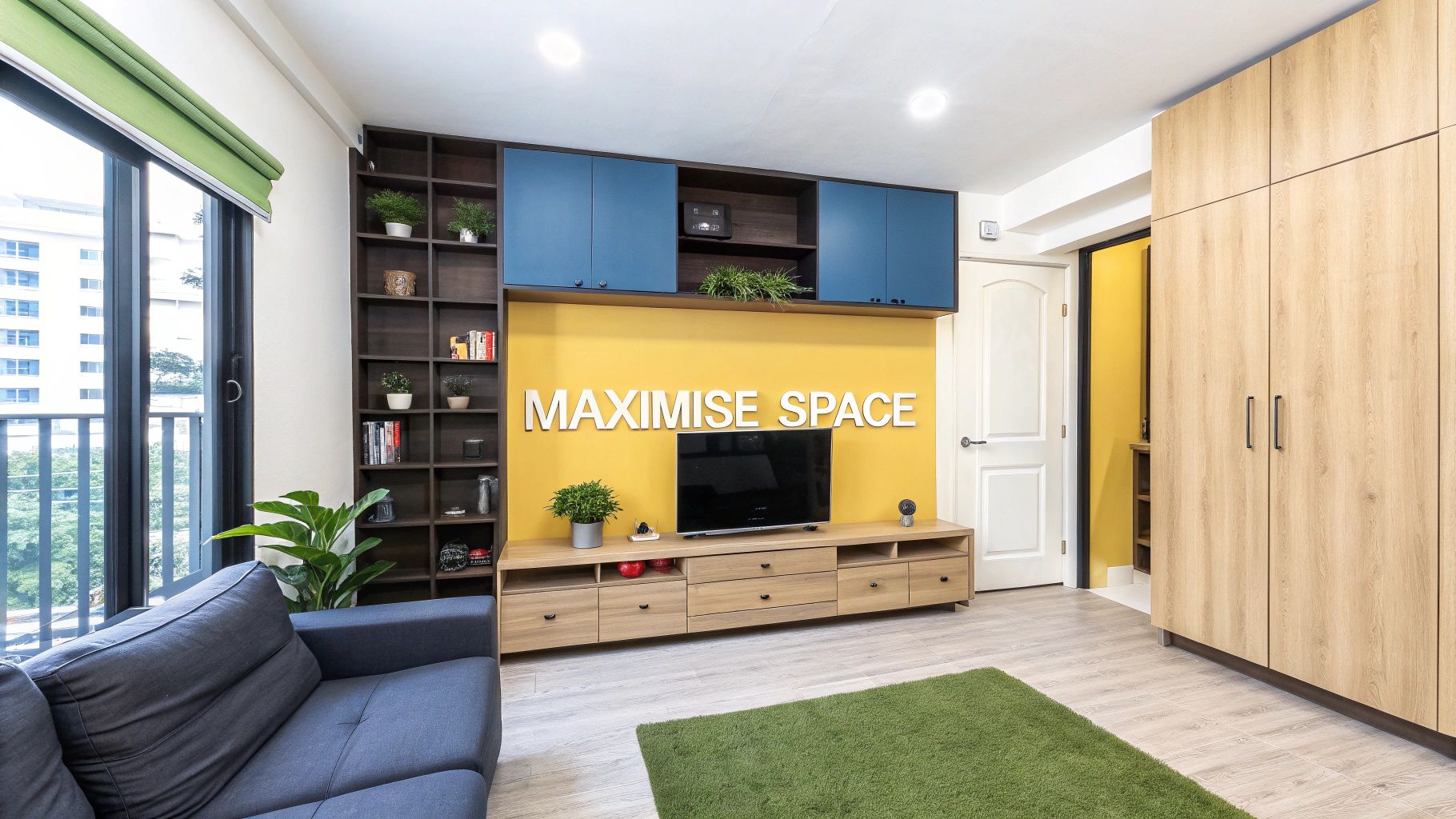 A beautifully designed custom-built shelving unit and seating area in a modern Singapore home, showcasing a perfect fit.
