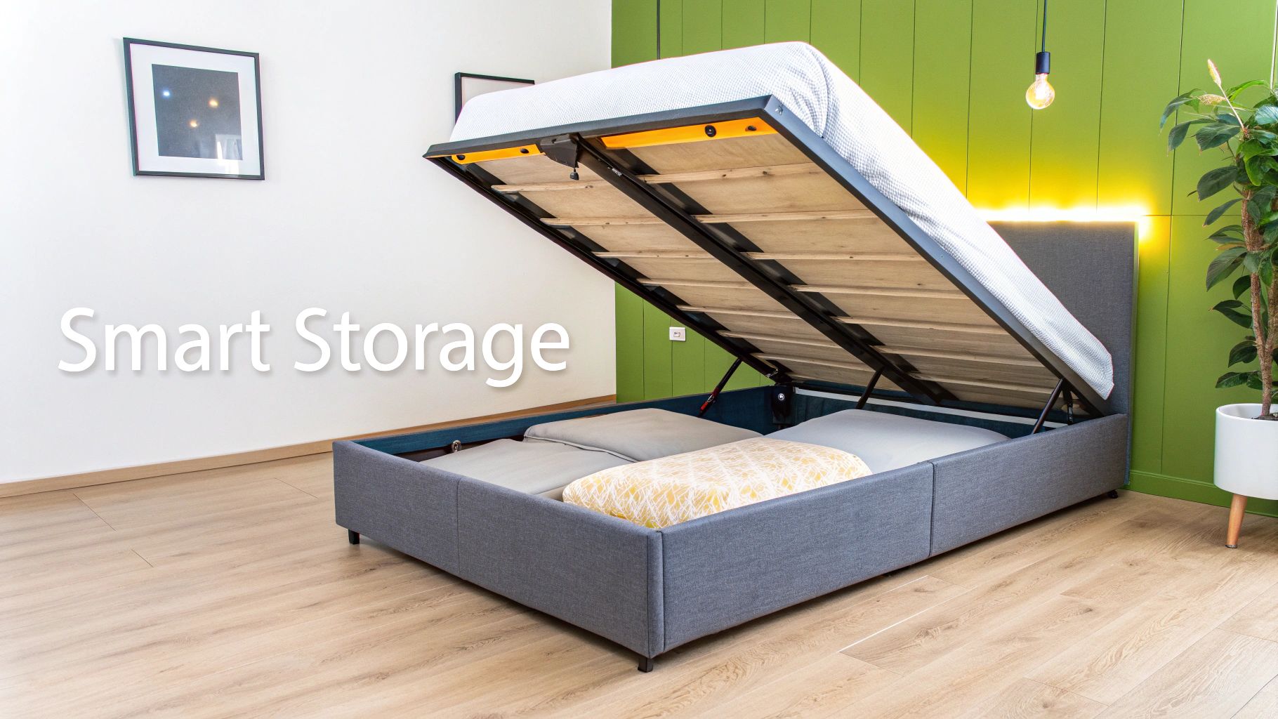 A modern grey upholstered bed frame with its lift-up storage open, revealing stored bedding and pillows.
