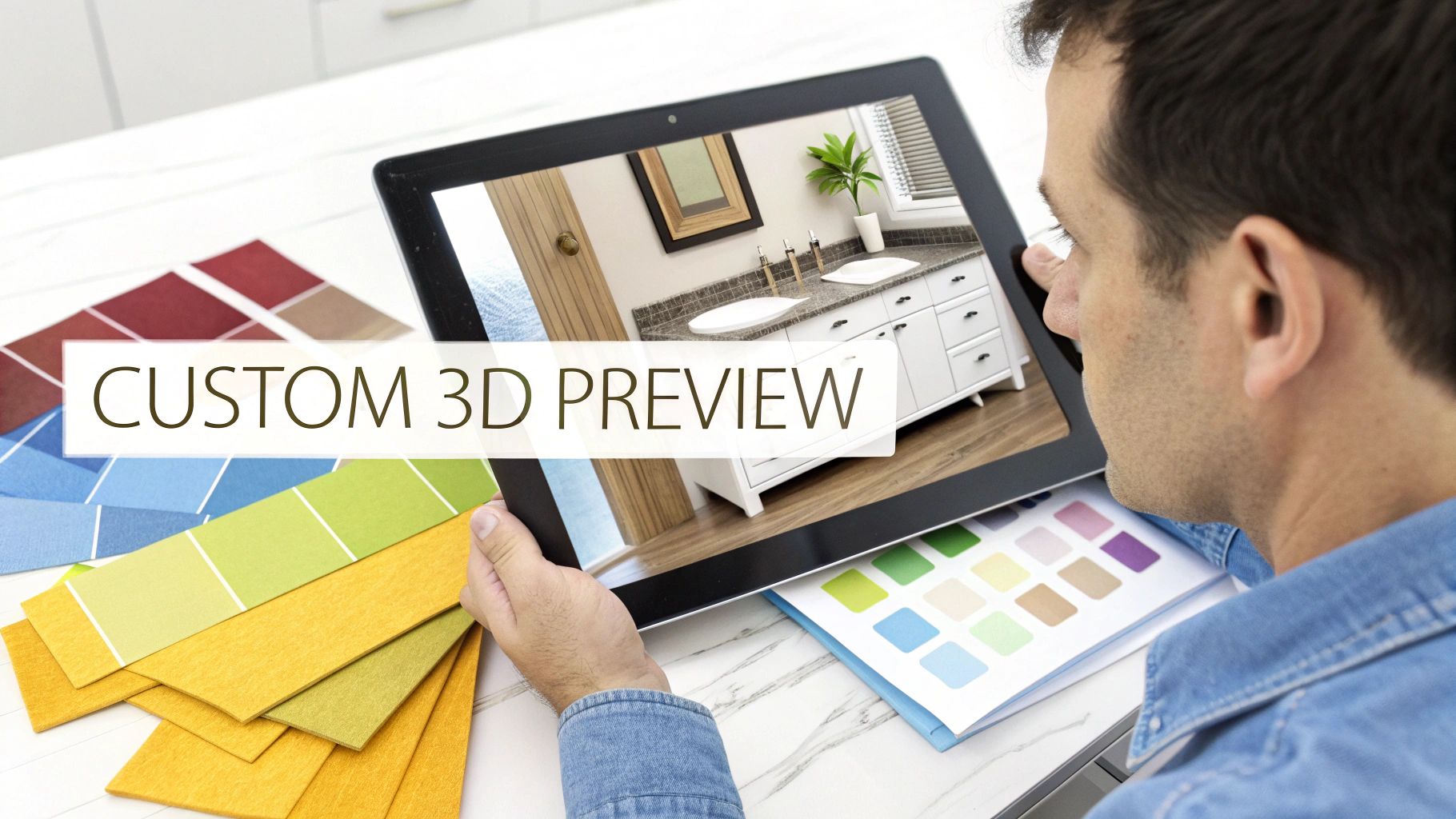 A person uses a tablet to view a custom 3D bathroom vanity design, surrounded by color swatches and fabric samples.