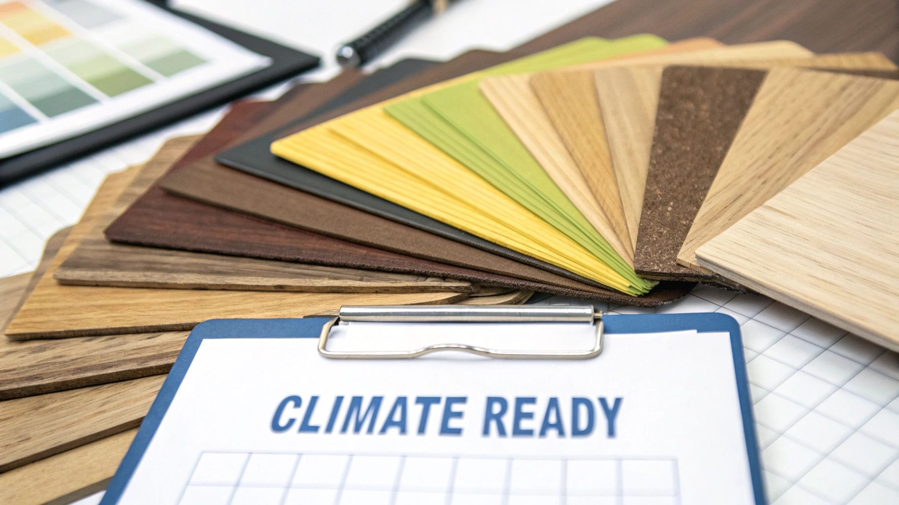 Close-up of various wood and laminate material samples for custom furniture.