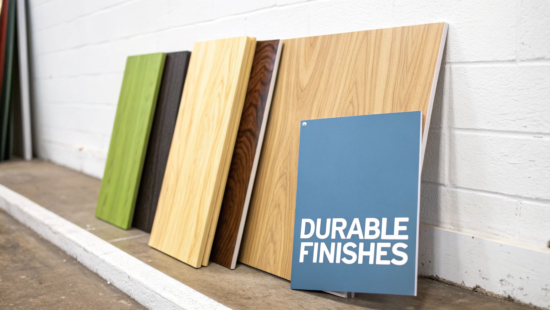 Various durable wood, dark, and green material samples for finishes with a blue sign.