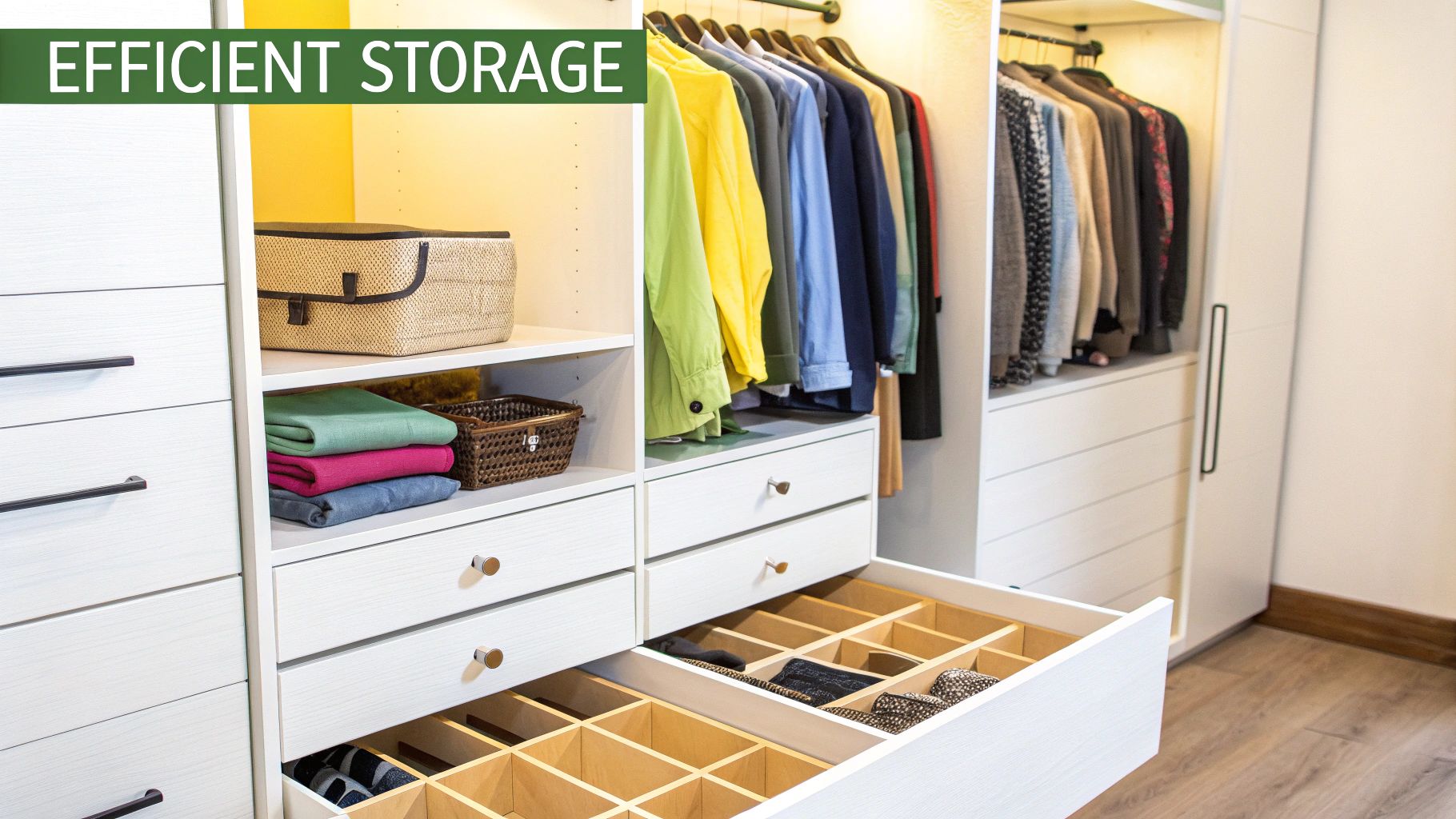A spacious, modern white built-in wardrobe system with hanging clothes, shelves, and organized drawers.