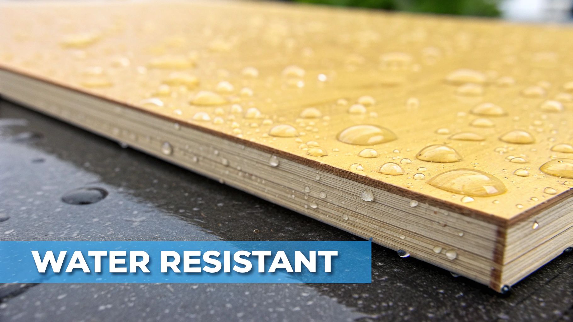 Close-up of a water-resistant wood panel with numerous water droplets beading on its surface, indicating durability.