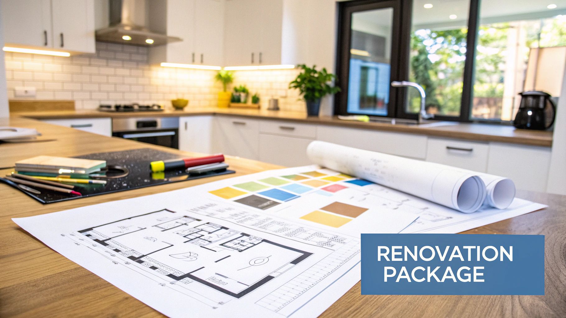A modern and sleek kitchen with dark cabinets, light countertops, and integrated appliances.