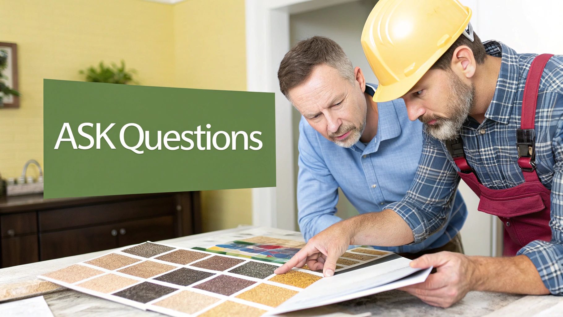 Contractor and client review flooring samples, emphasizing the importance of asking questions for home renovation.