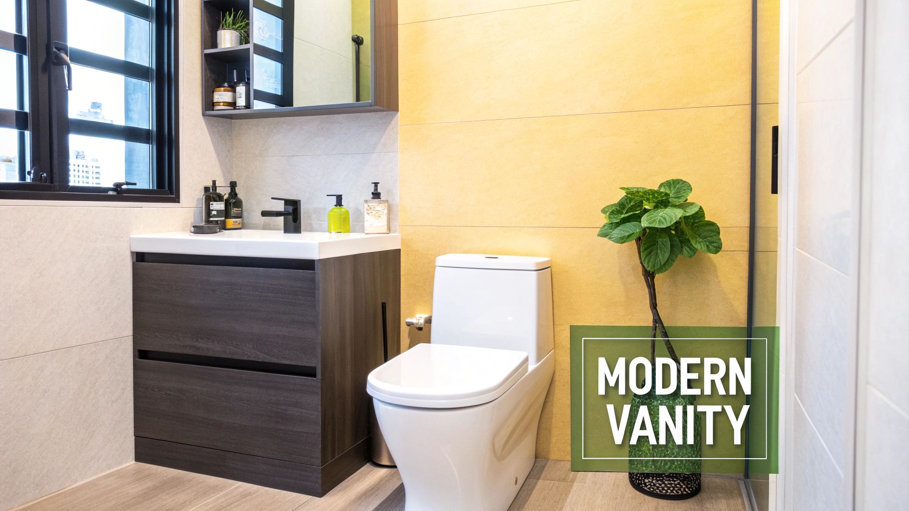 Modern bathroom with dark wood vanity, white sink, black faucet, toilet, and green plant.